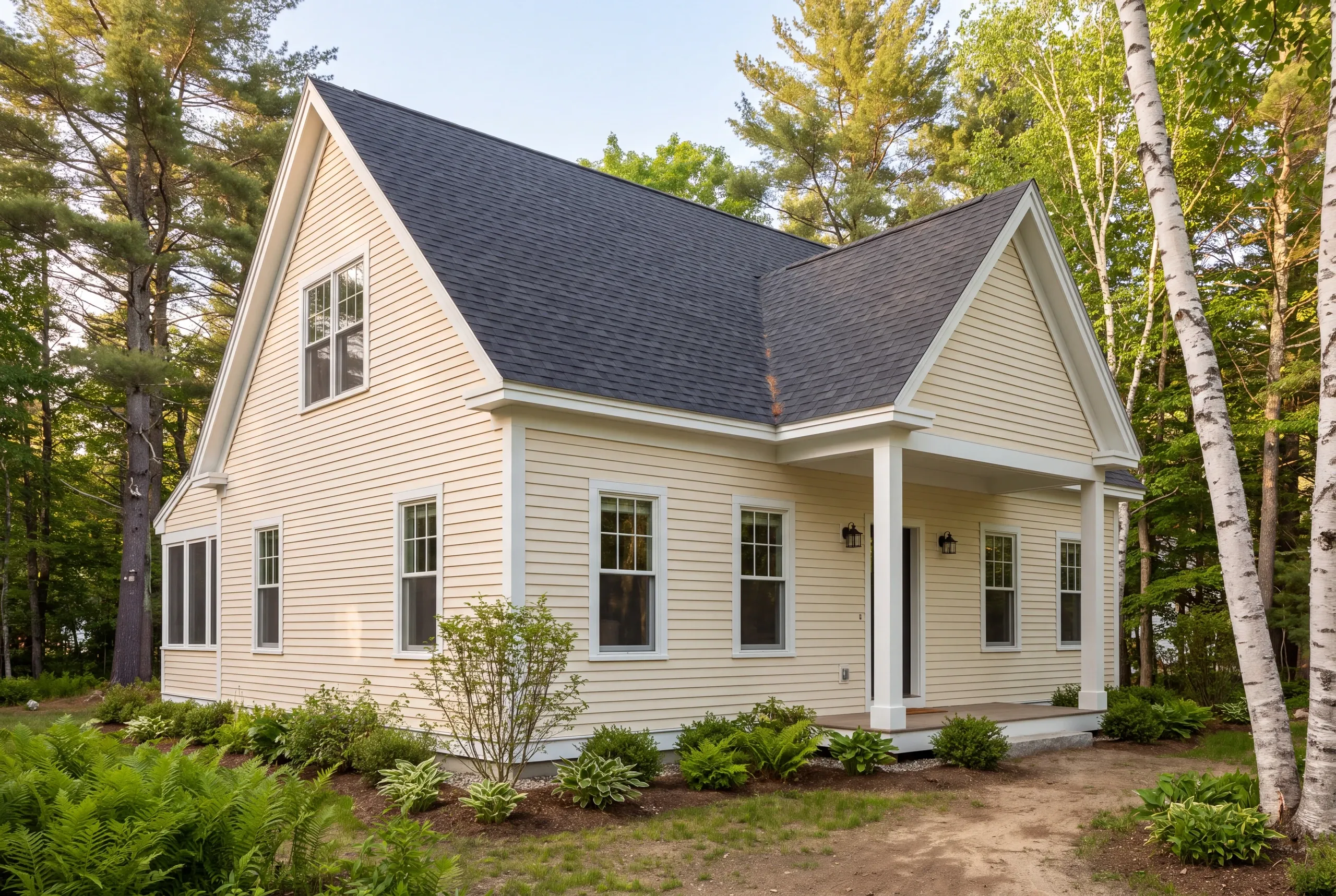 A freshly renovated yellow house with a dark shingled roof stands surrounded by trees and green vegetation.