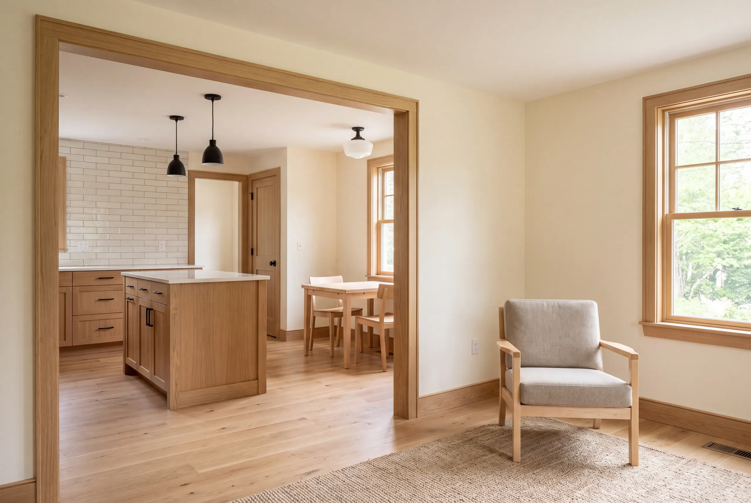 An armchair sits on a rug in a bright room with a wide doorway opening to a newly remodeled kitchen and dining area with matching oak flooring and trim.