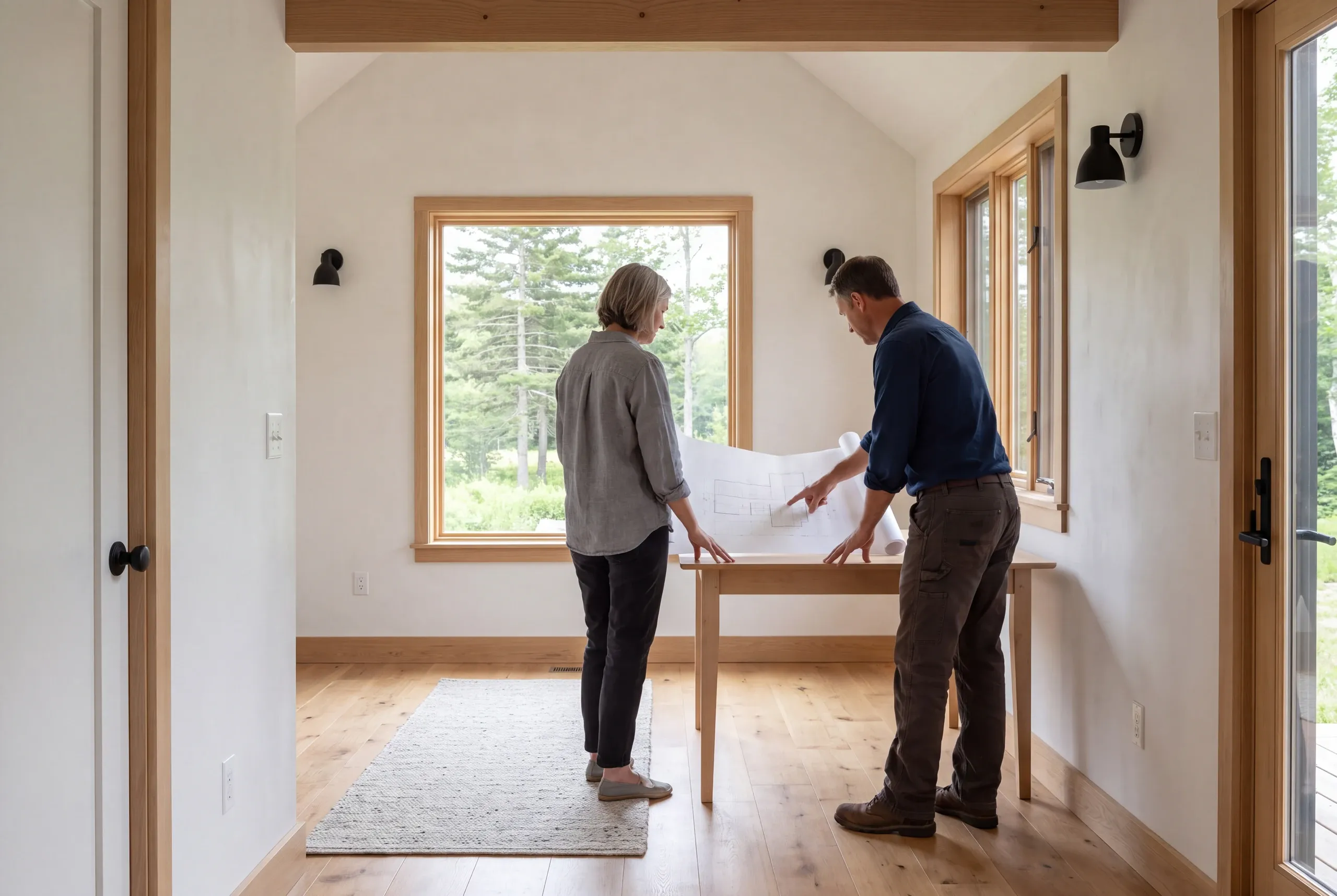 Two adults stand at a wooden table inside a bright room, looking down at a large architectural drawing spread out before them.
