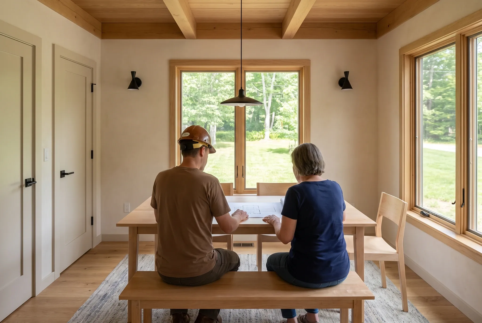 Two adults sit together on a wooden bench at a table indoors, looking at documents.