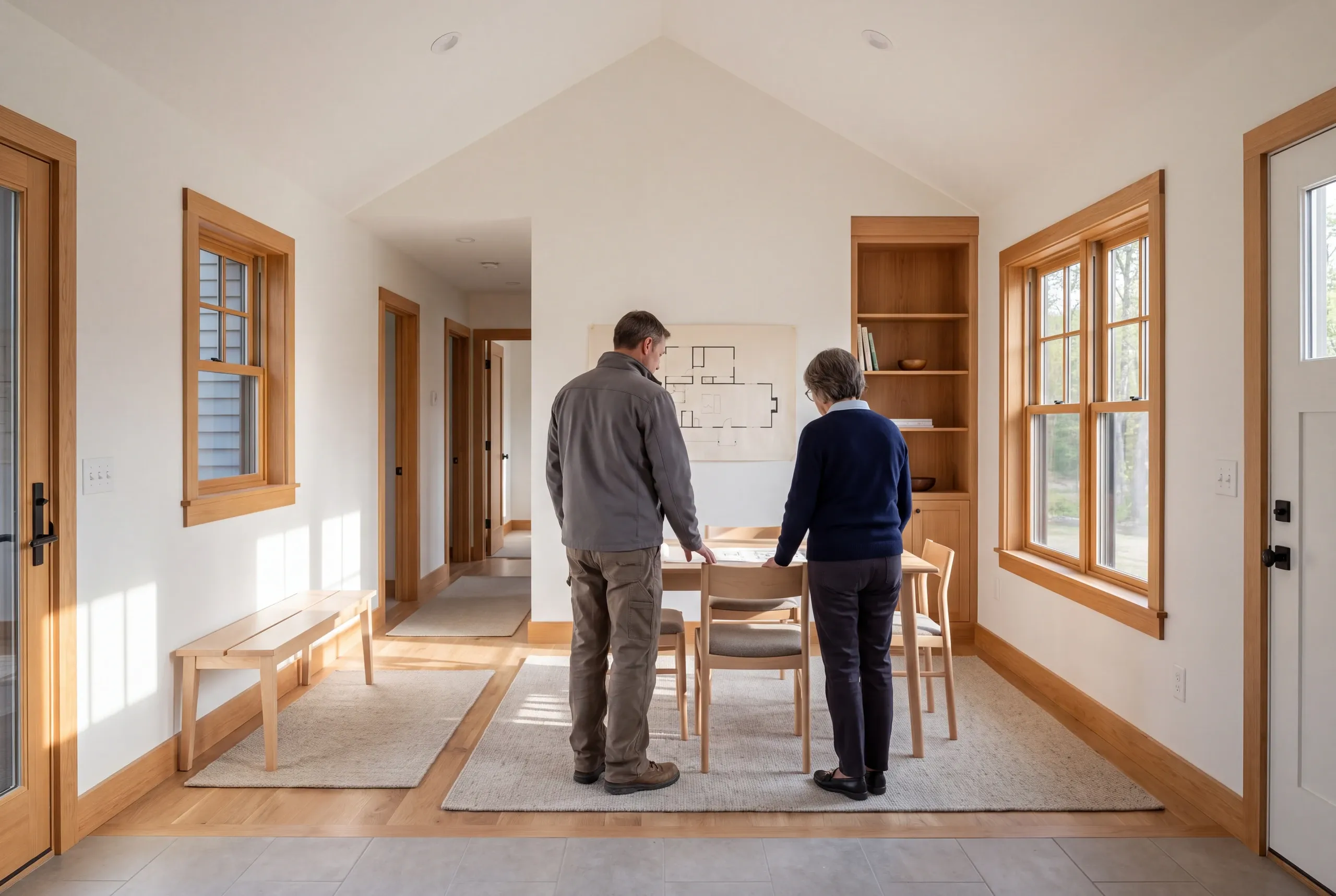Two adults stand viewed from behind in a newly renovated room with wooden trim, looking down at a table.