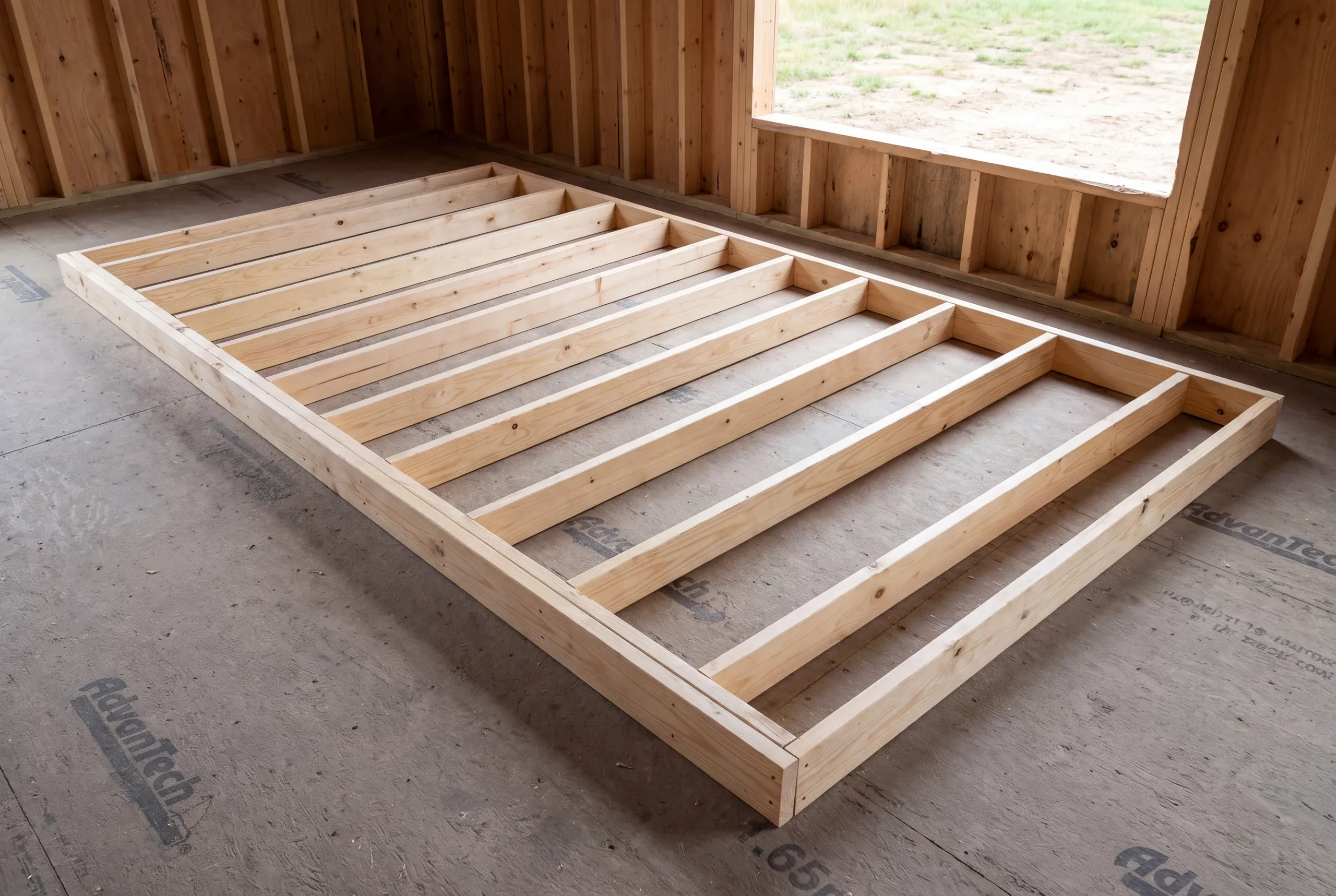 A rectangular wood wall frame lies flat on a subfloor inside a building under construction.