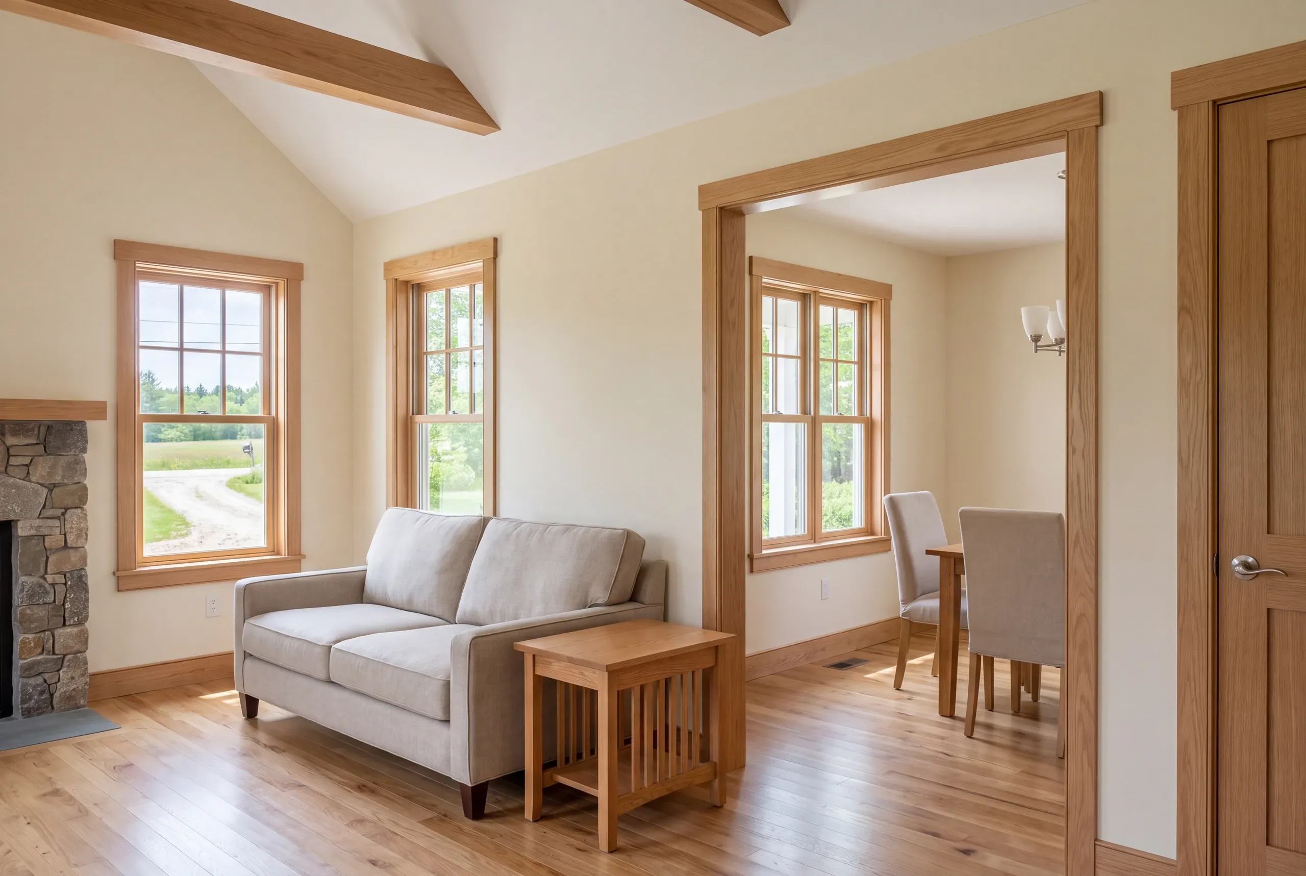 Interior view of a finished living room and dining room connected by a wide doorway, featuring light wood trim, hardwood flooring, and neutral furniture.