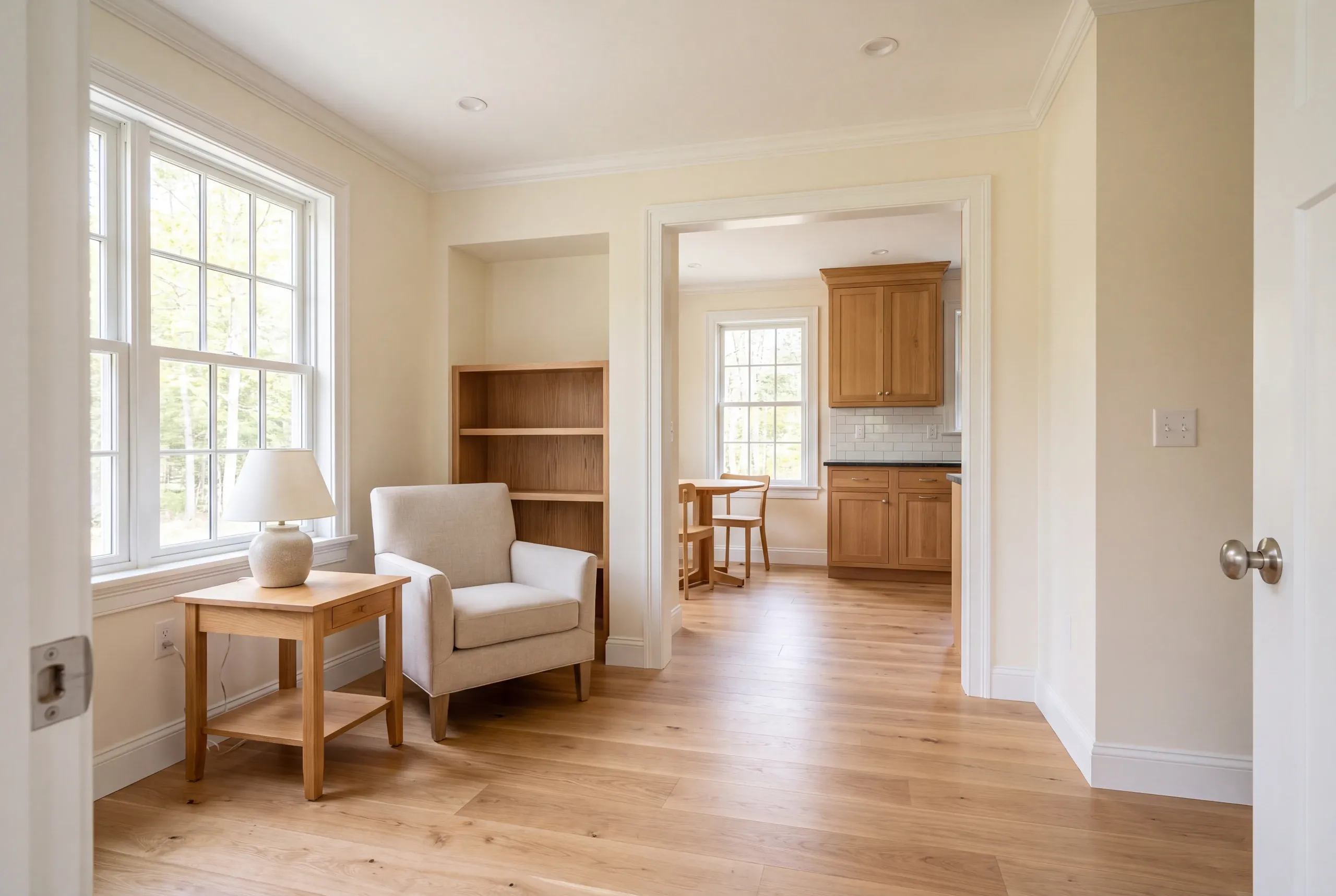 Whole house renovation in Durham, ME: interior view of a renovated home showing connected rooms with light hardwood flooring, a sitting area with an armchair and side table, and a view into an adjacent kitchen with wooden cabinets.