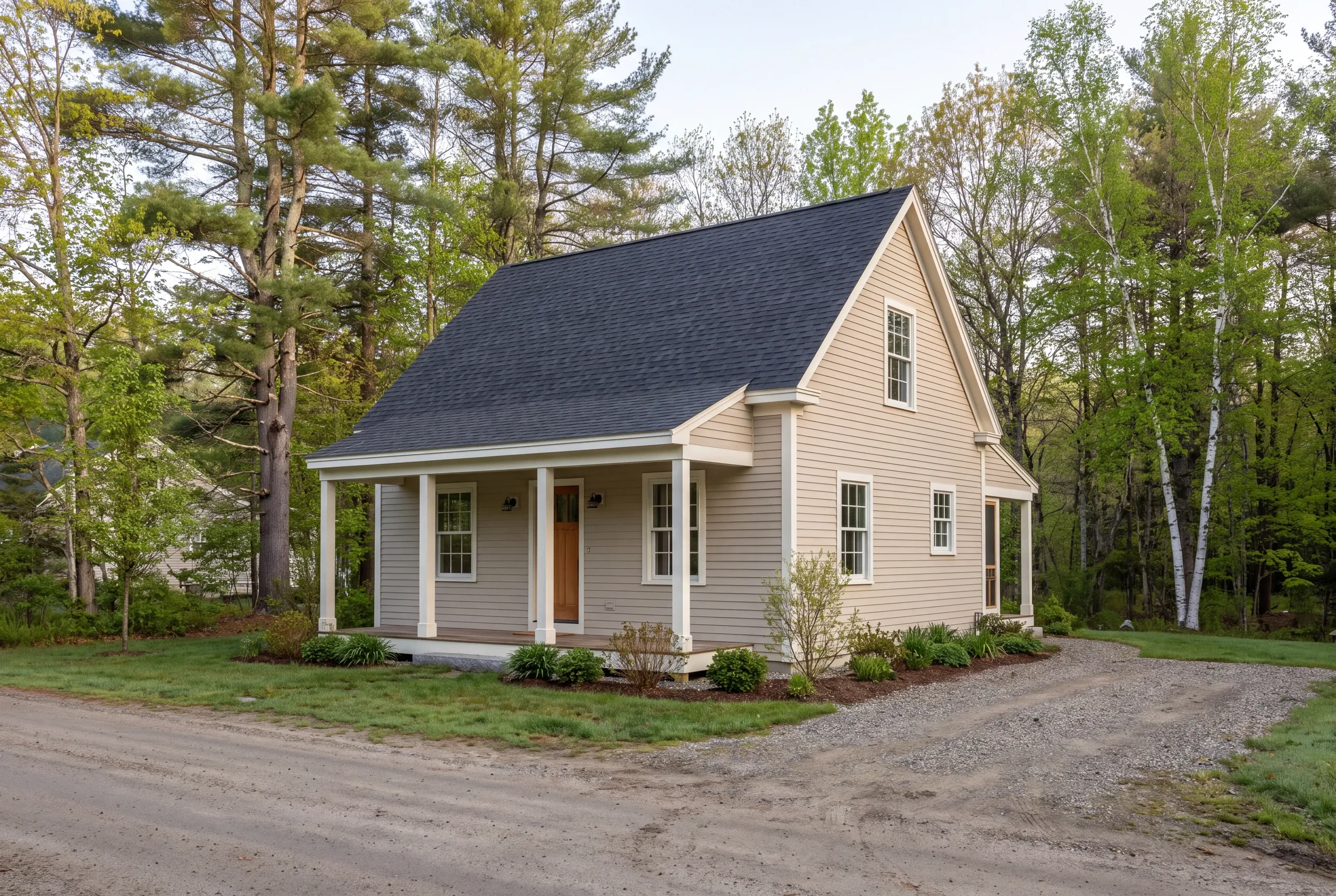 A three-quarter exterior view of a two-story beige house with a dark shingled roof and covered front porch, surrounded by trees and a dirt driveway.