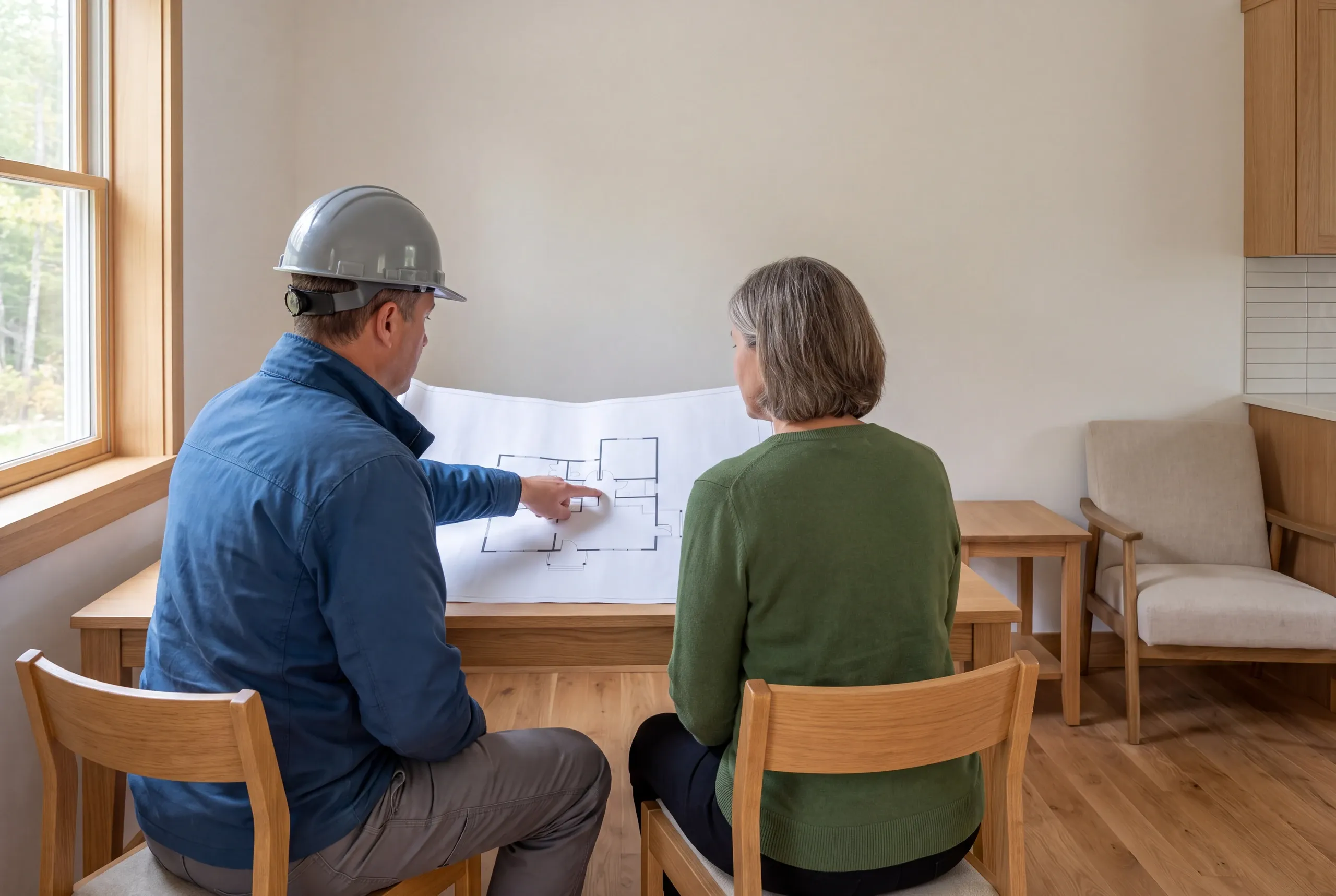 A person in a hard hat and another person seated at a table reviewing a floor plan inside a room.