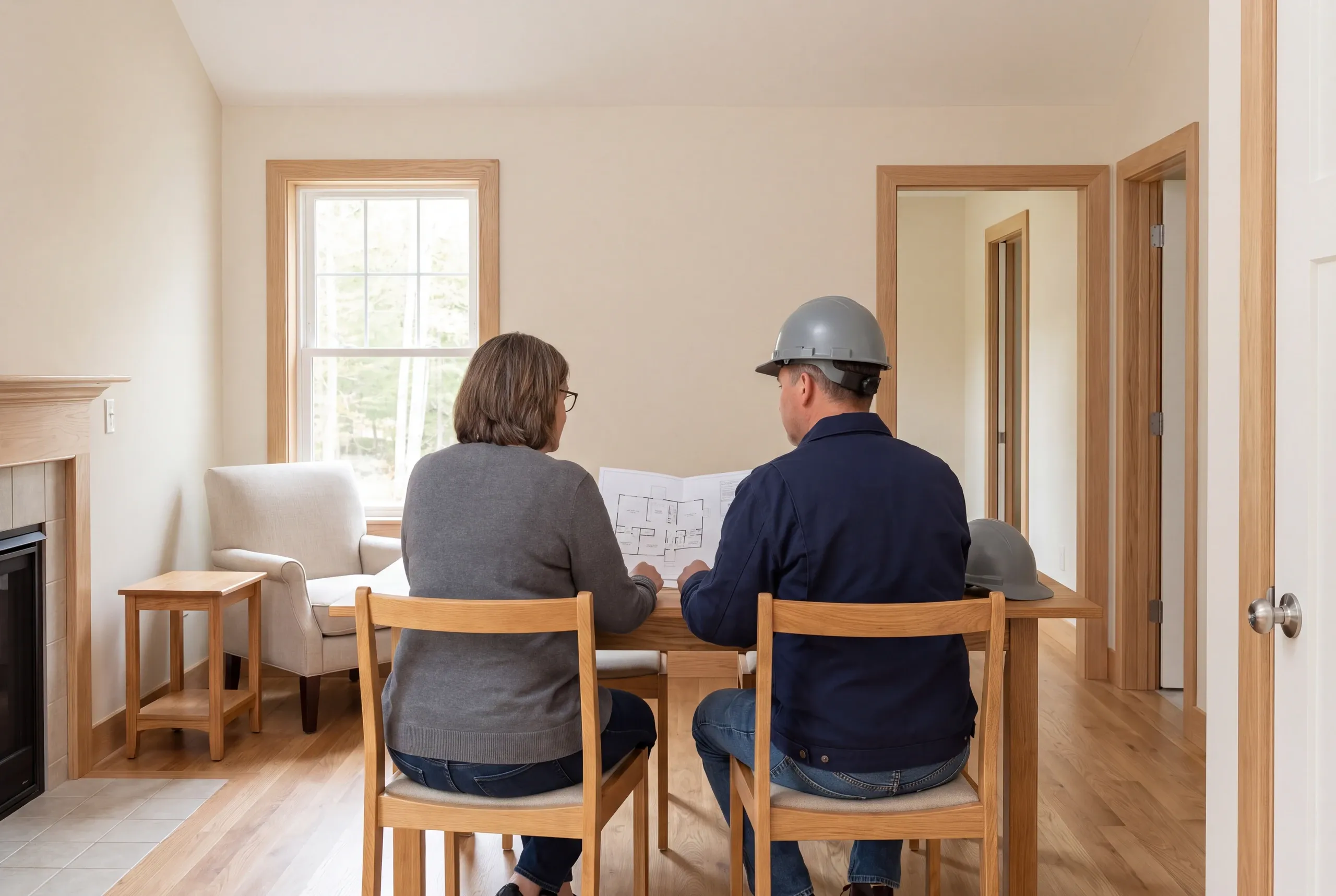 Two adults sit at a wooden table in a room with hardwood floors and light walls, looking at a document.