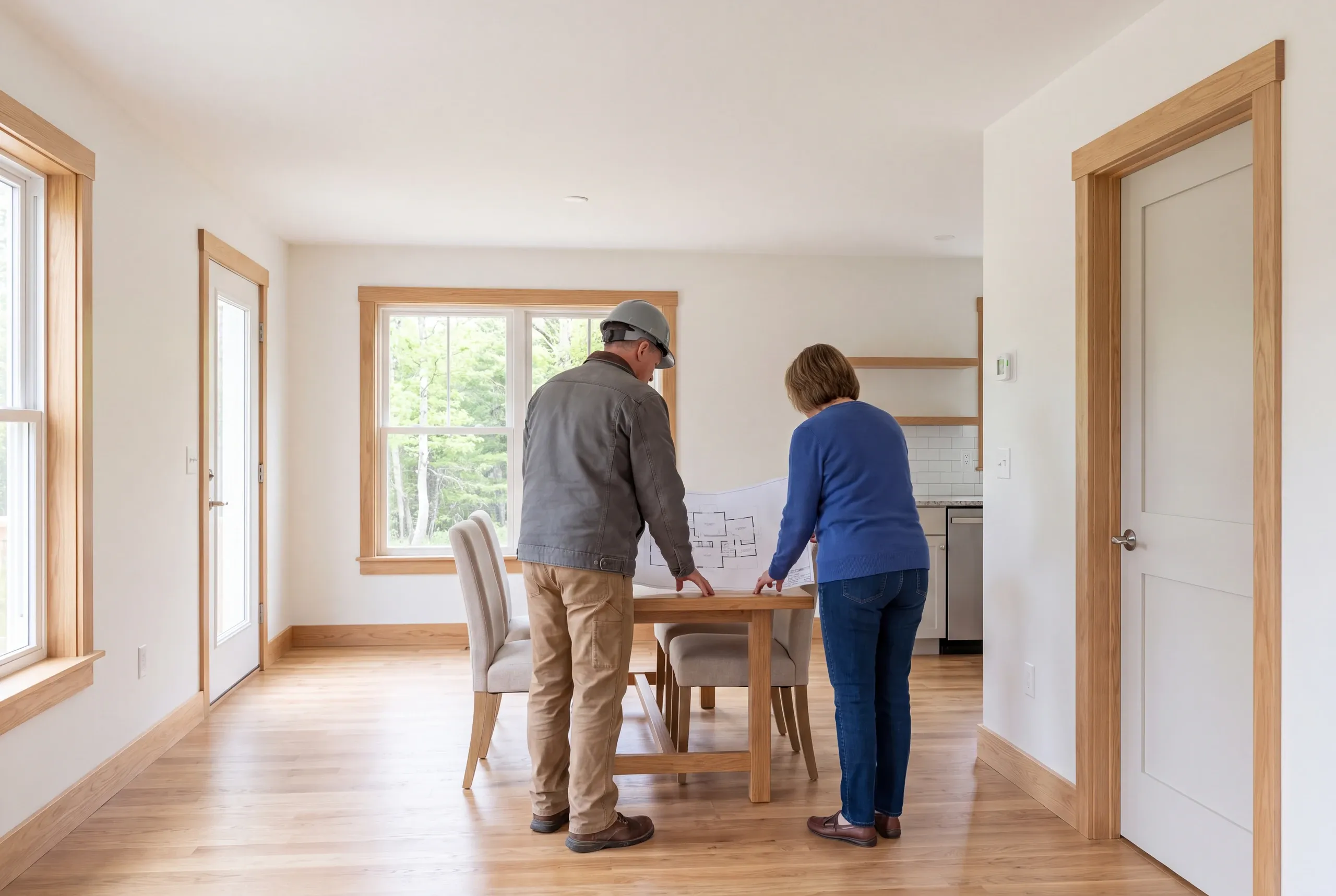 Two adults stand in a renovated room reviewing a floor plan on a wooden table.