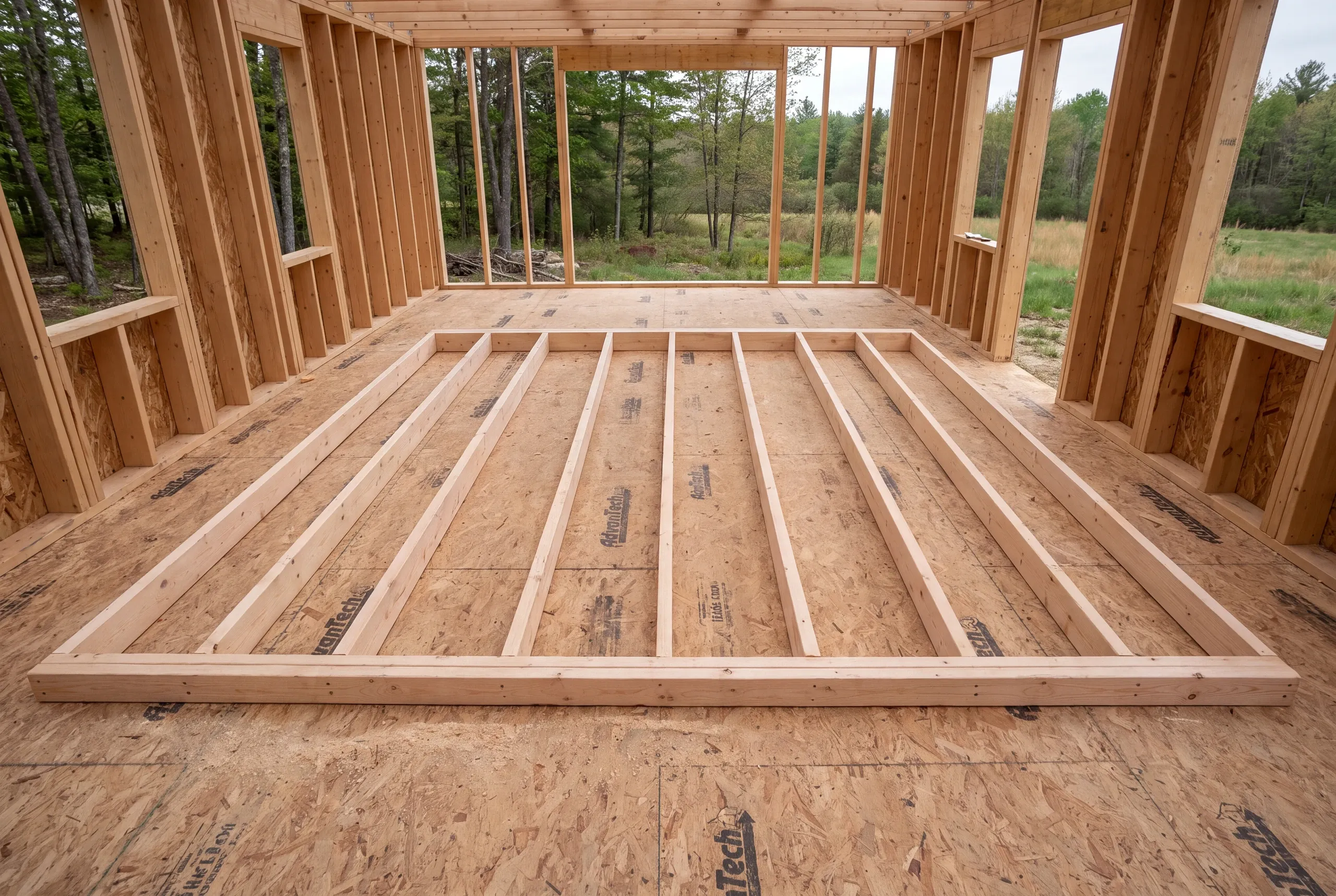 A wooden interior wall frame lies flat on a subfloor inside an uncompleted building with open stud walls and forest visible outside.