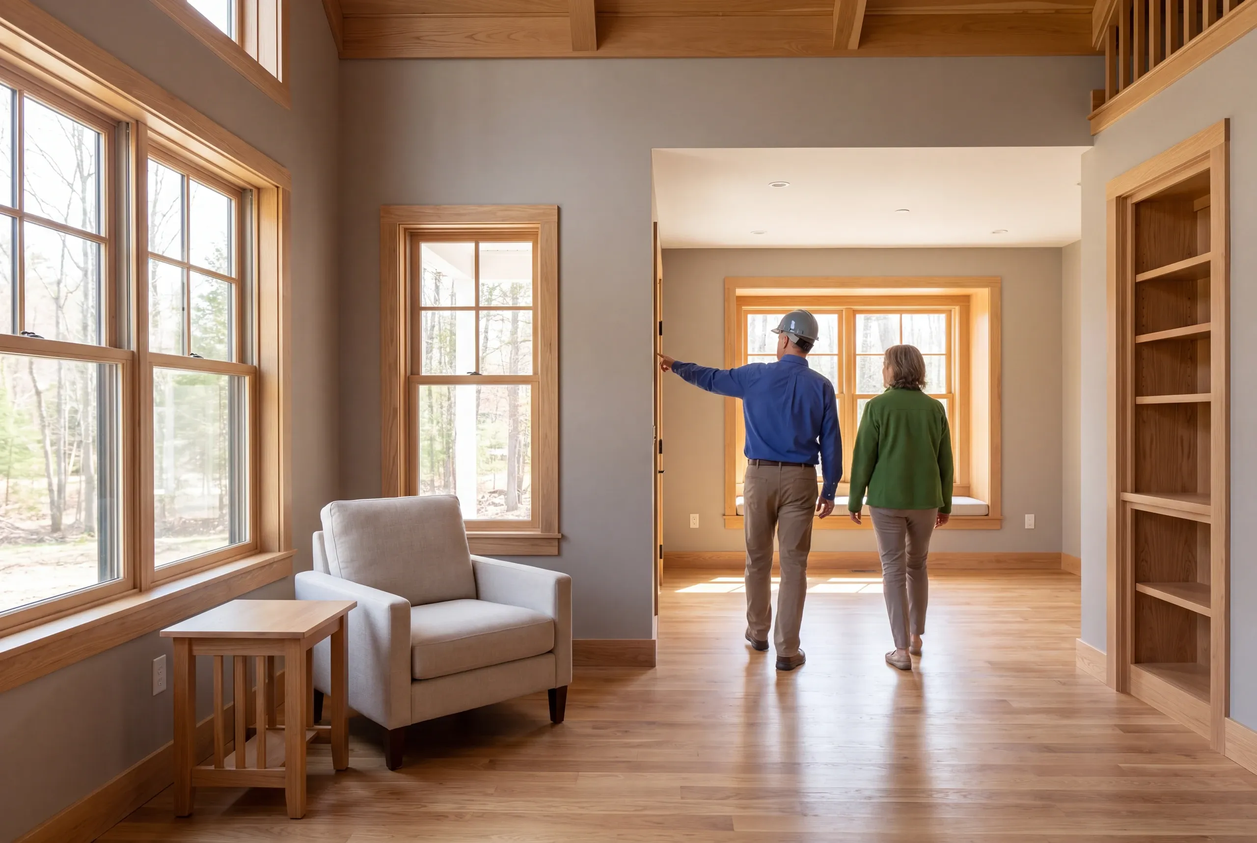 Two adults stand in a finished room with hardwood floors and natural wood trim, viewing an adjacent space through a doorway.