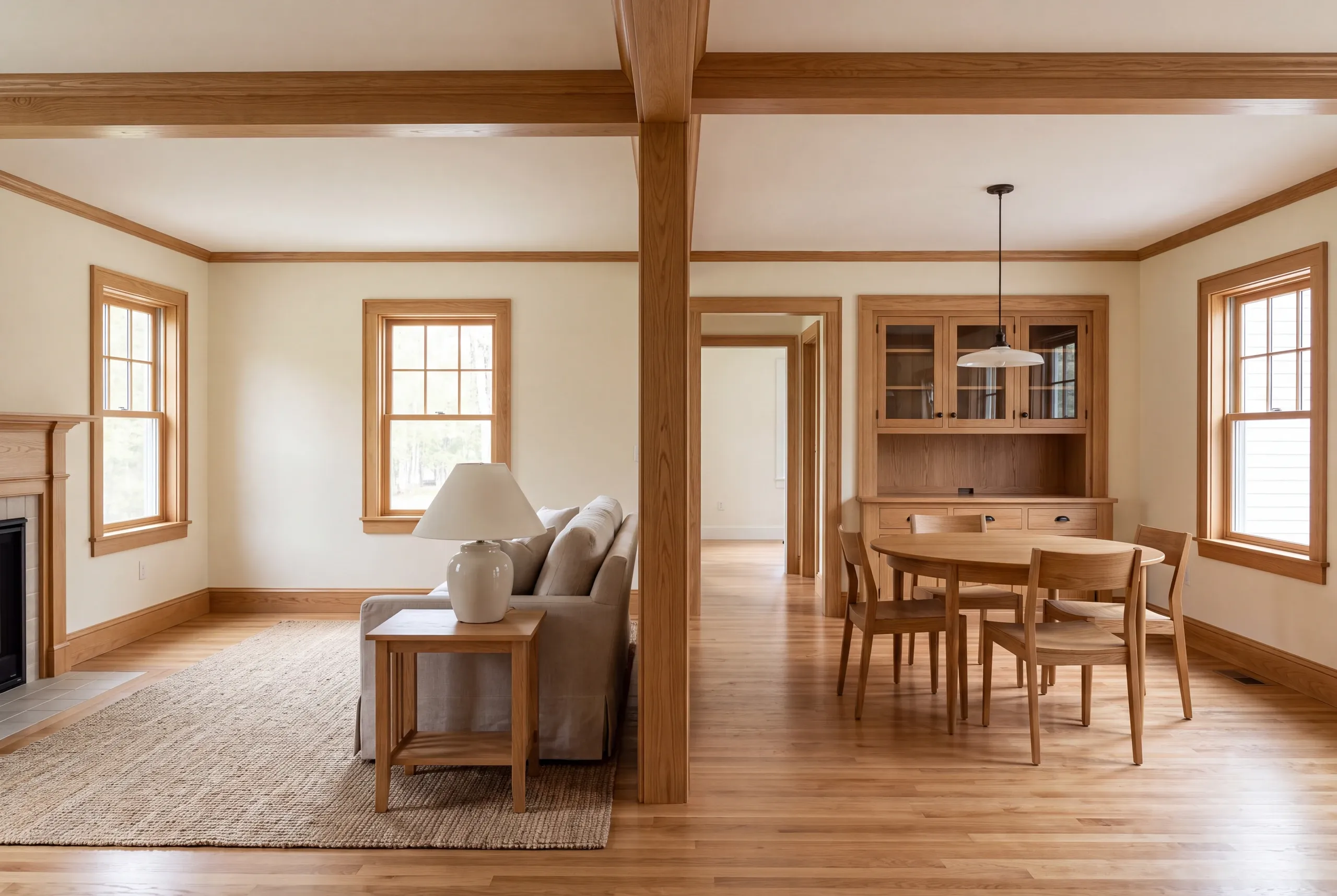 Interior view showing connected living and dining areas with hardwood floors and oak trim.