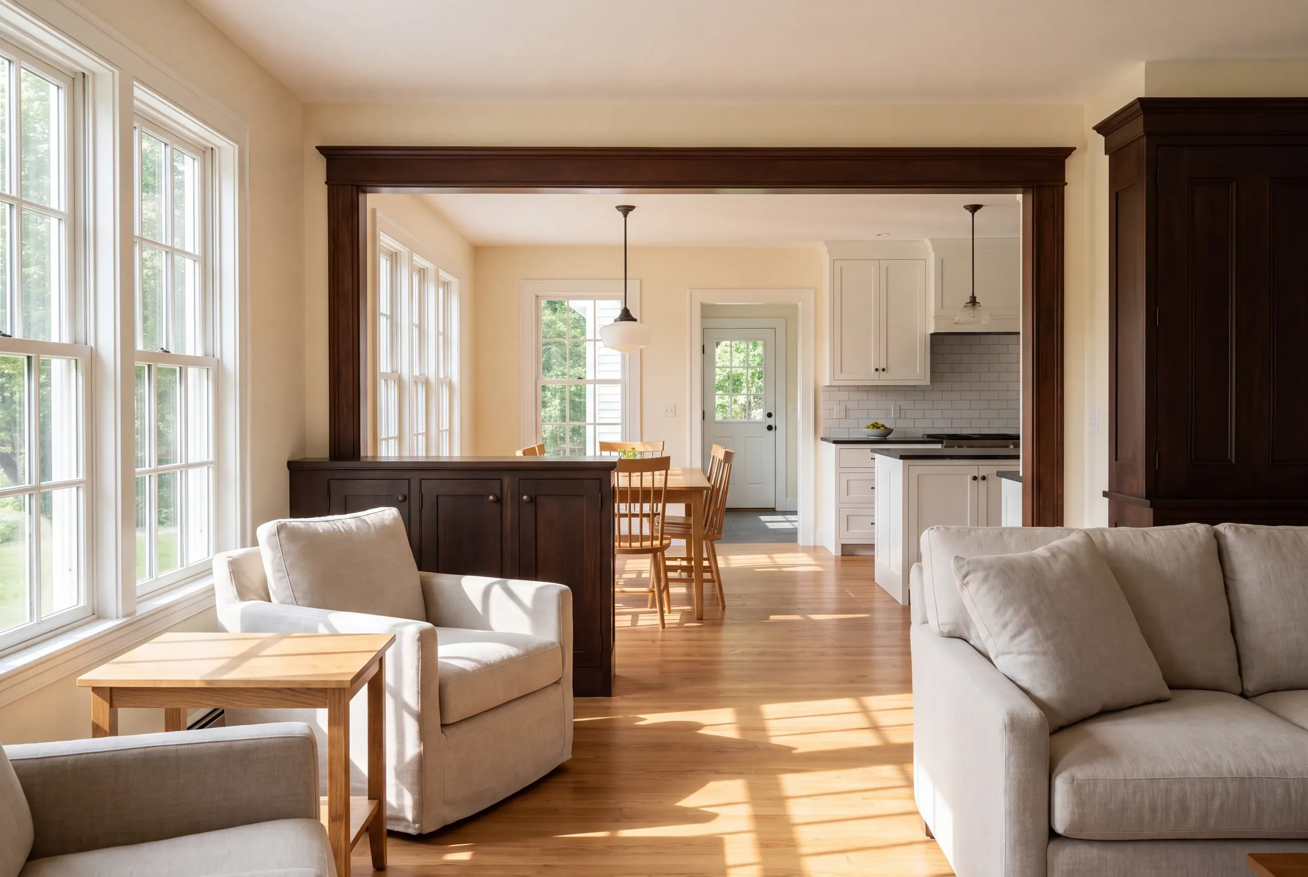 Whole house renovation in Freeport, ME: connected living room and kitchen interior with light wood flooring, beige walls, dark wood trim, and a white sofa.