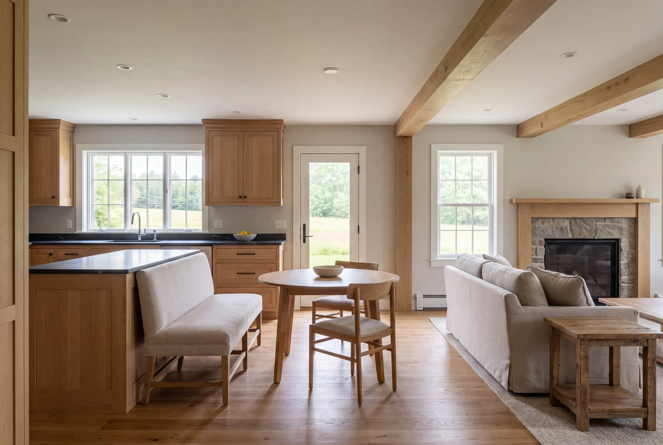 Interior view showing a finished kitchen, dining area, and living room with wooden beams and a stone fireplace.