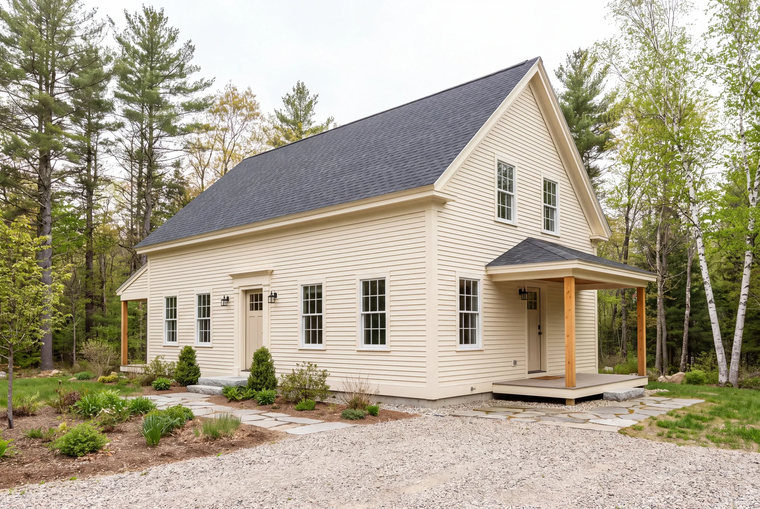 A freshly renovated light yellow house with a dark shingled roof and two covered porches is surrounded by trees and a gravel driveway.