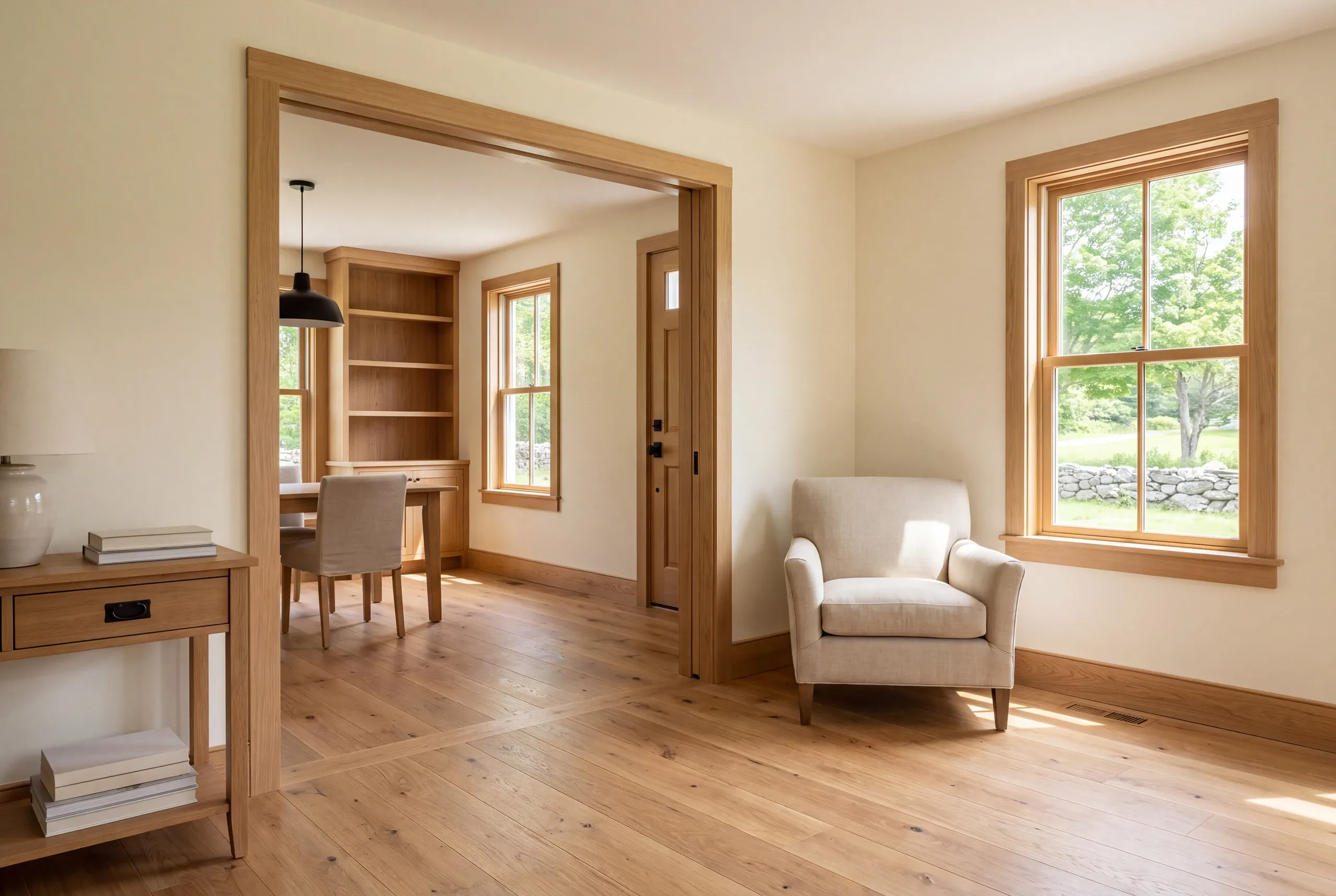 Interior view of a brightly lit room with light oak flooring, trim, and an armchair, looking through a wide doorway into an adjacent room with built-in bookshelves and a table.