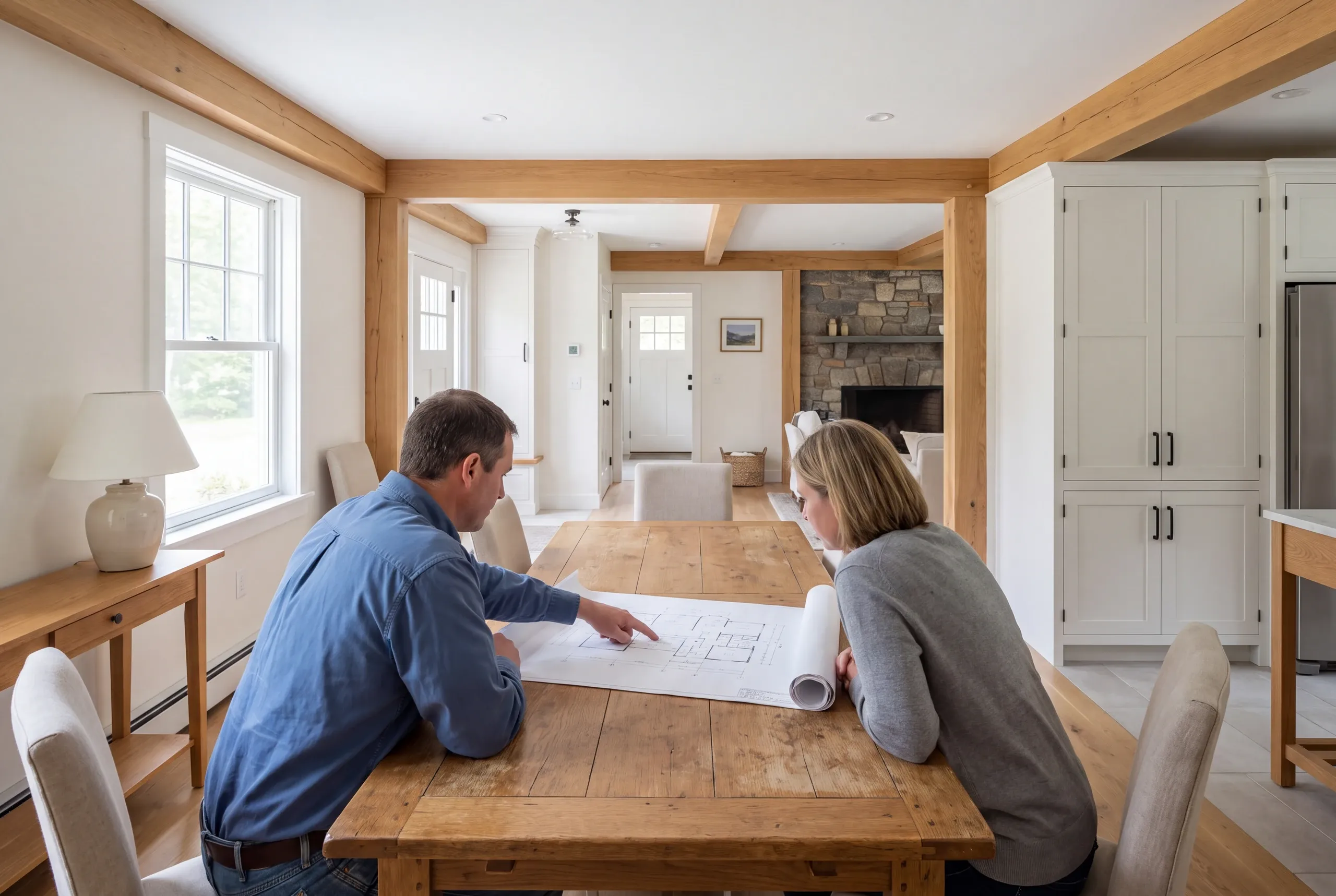 Two people sit at a wooden dining table reviewing a floor plan inside a room with exposed wooden beams and white walls.