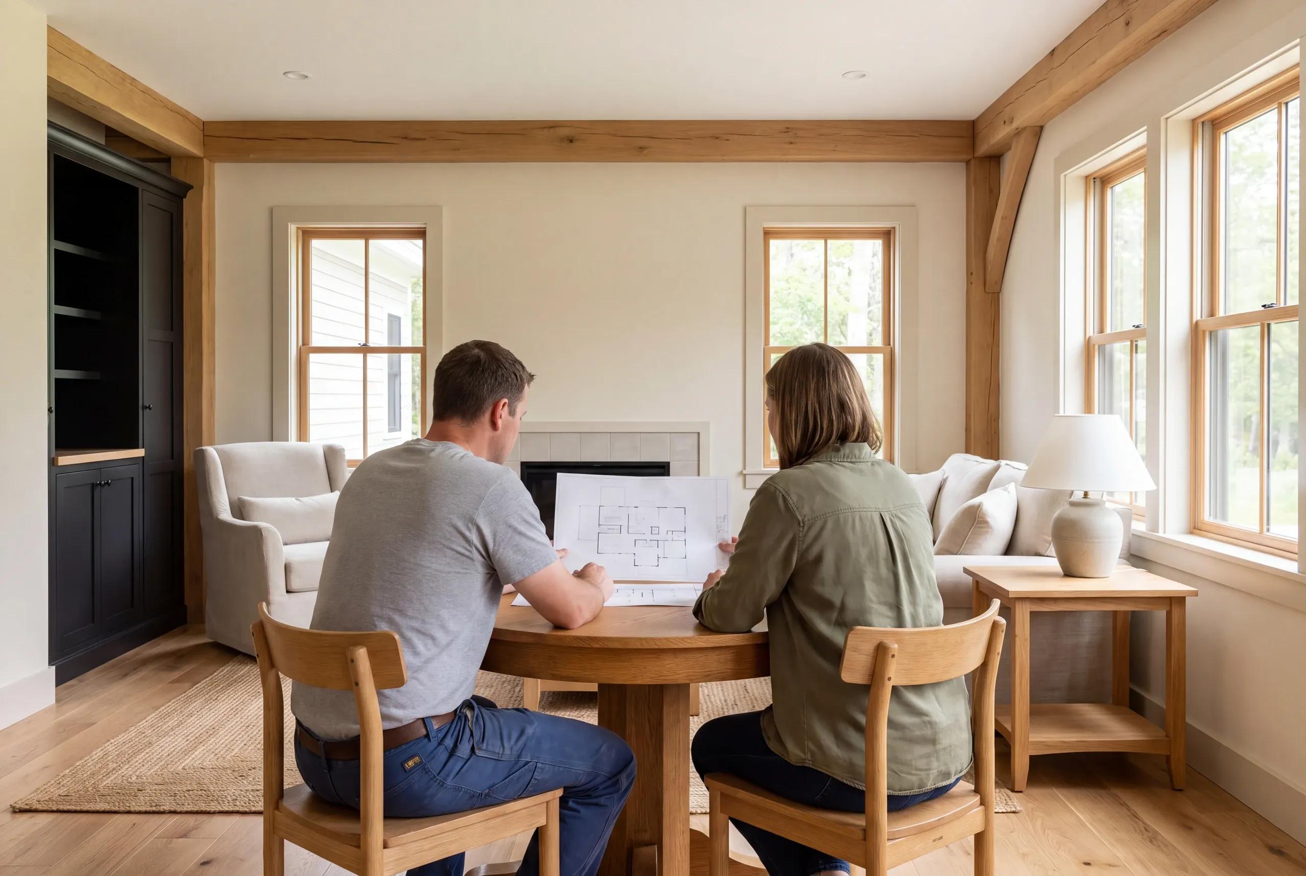 Two people seated at a wooden table in a living room looking at a set of blueprints.