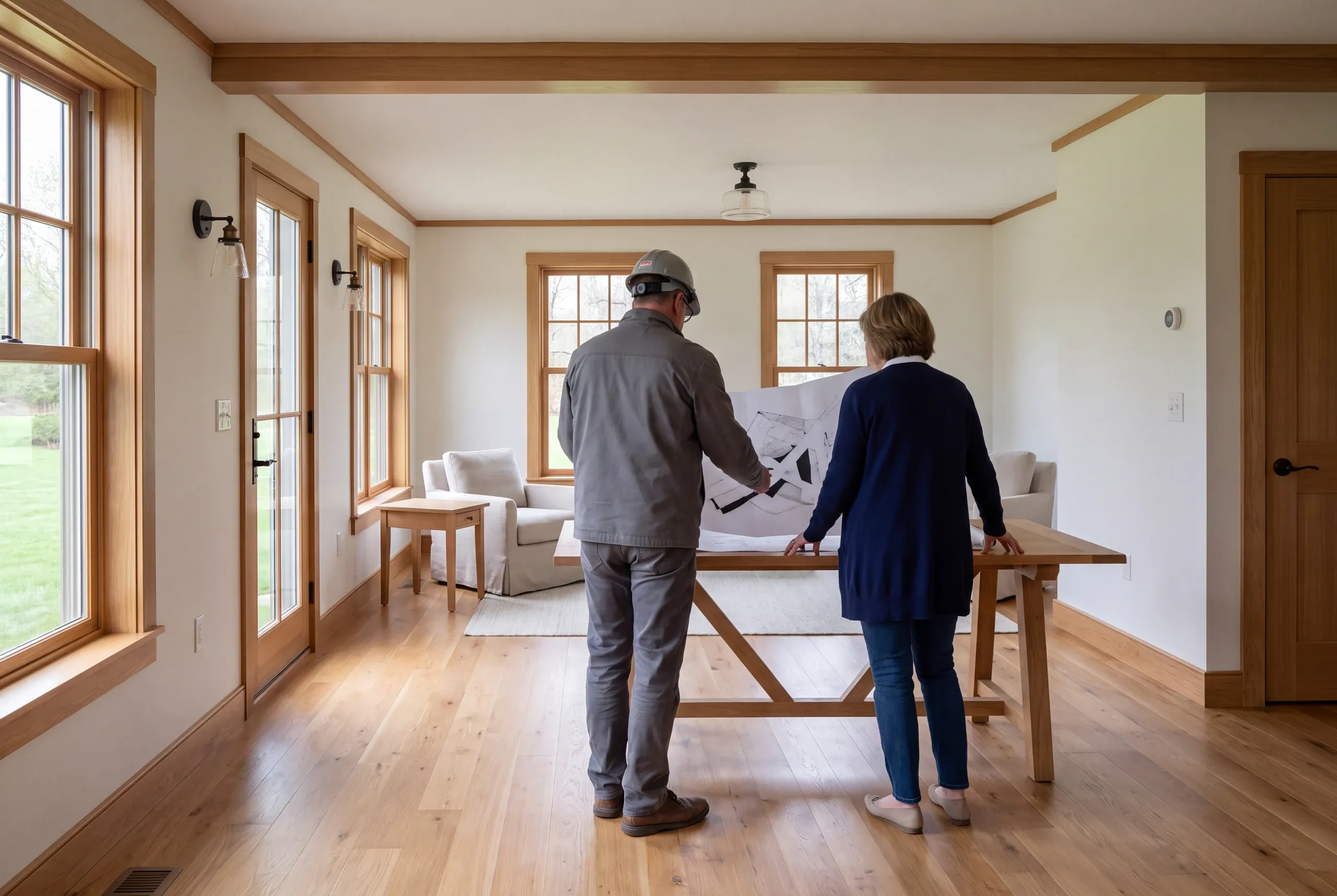 Two people viewed from behind examine a large architectural blueprint spread out on a wooden table inside a bright room with oak trim and hardwood floors.