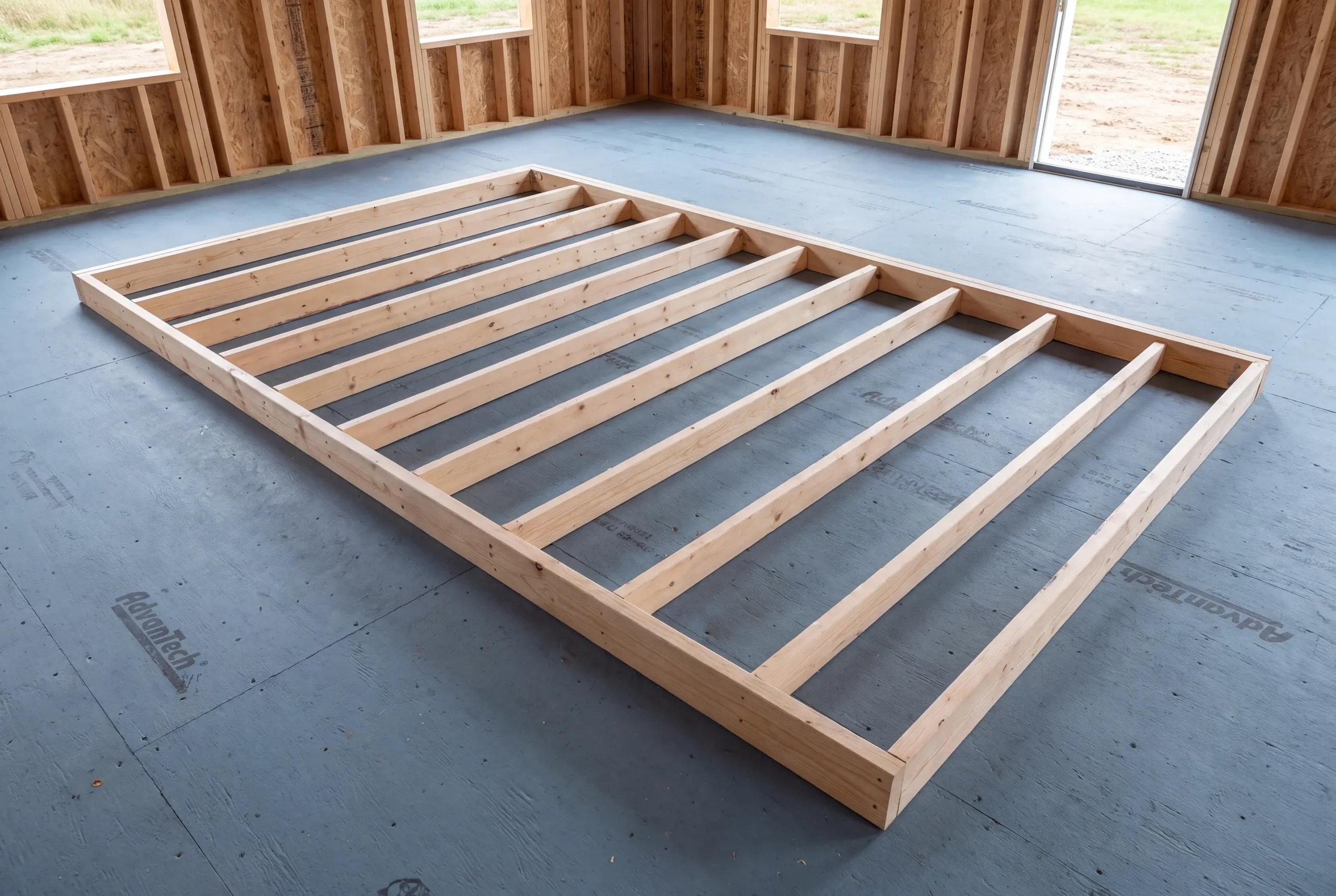 A rectangular wood wall frame lies flat on a grey subfloor inside a building under construction.