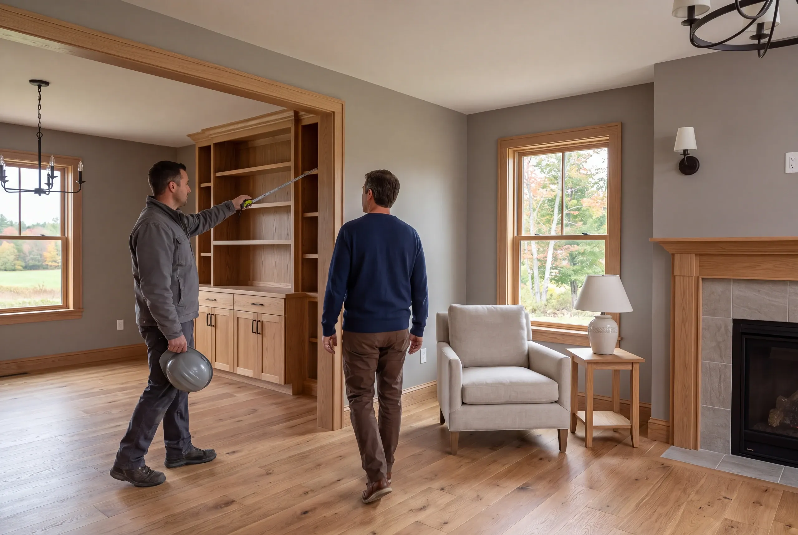 Two men stand inside a finished room with hardwood floors, a fireplace, and a built-in wooden shelving unit.