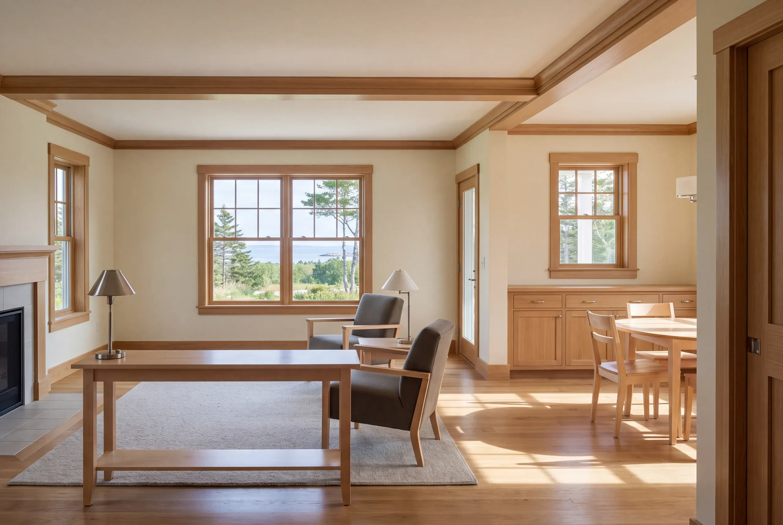A finished living and dining area with matching oak trim, hardwood floors, furniture, and windows overlooking trees and water.