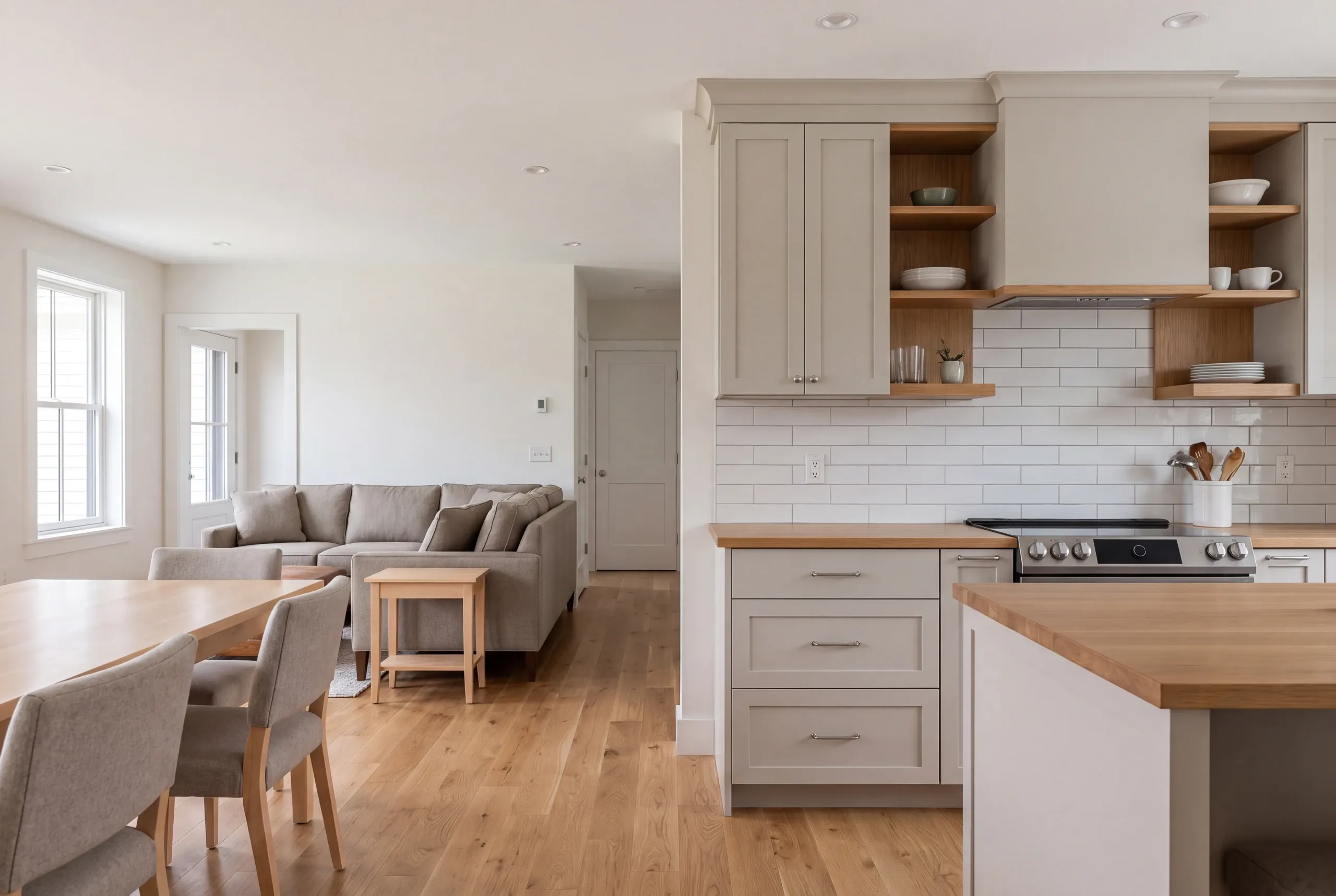 Interior view showing a finished open-plan kitchen, dining area, and living room with hardwood floors and light-colored cabinetry.