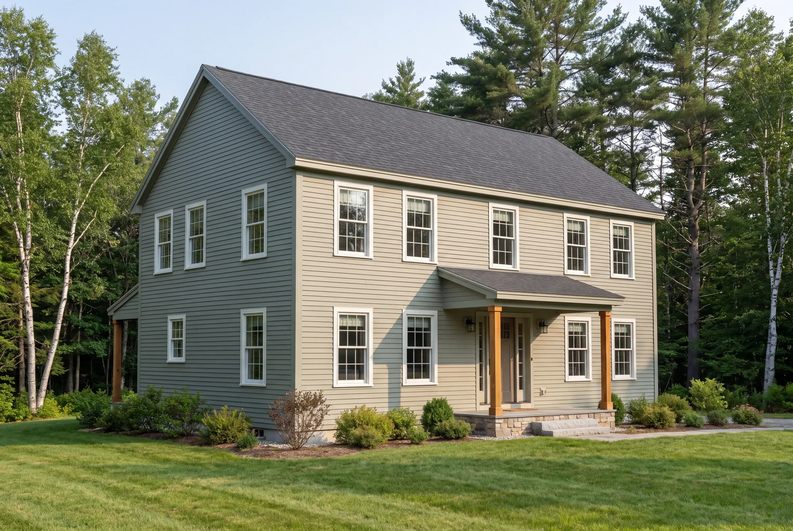 A two-story house with light green siding and a dark shingle roof stands surrounded by trees and green lawn.