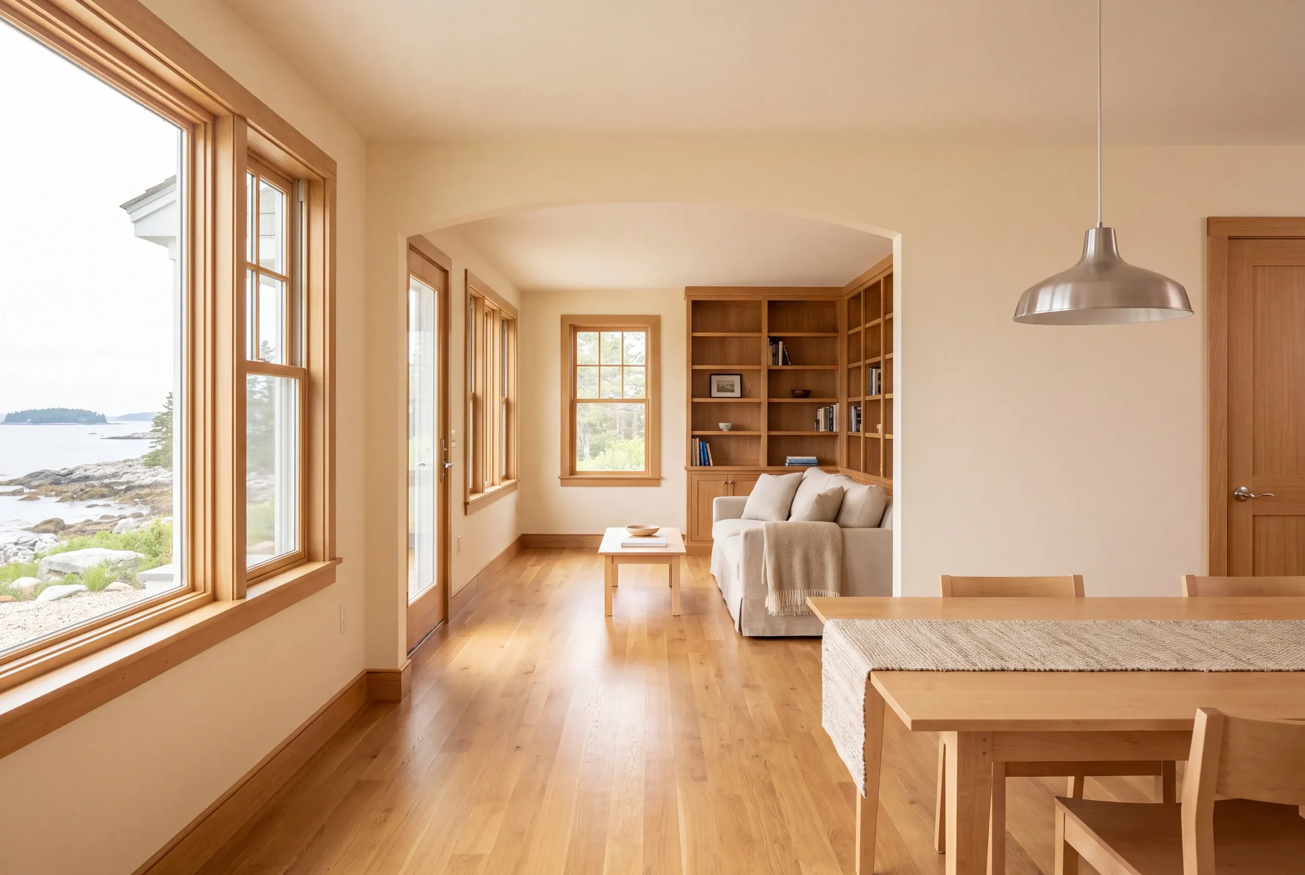 Interior view showing a dining area connected through an arched opening to a living room with wooden flooring and built-in shelving.
