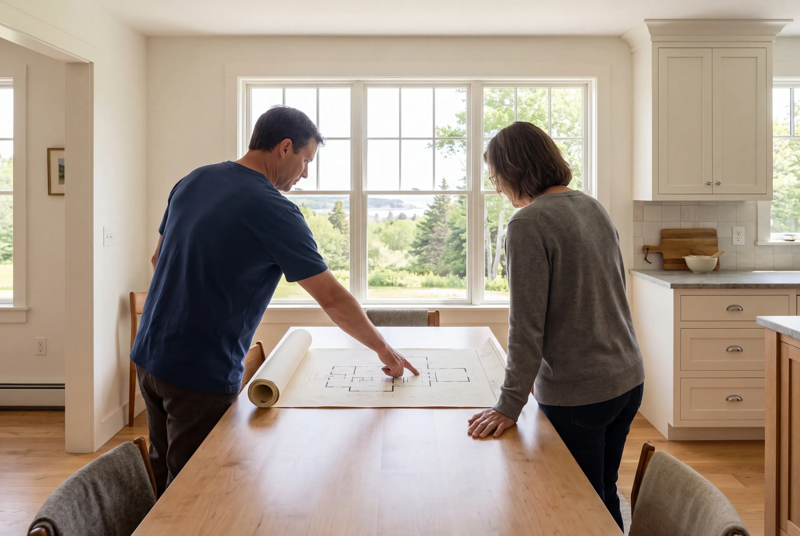 Two people stand at a wooden dining table reviewing a large rolled floor plan spread out before them.