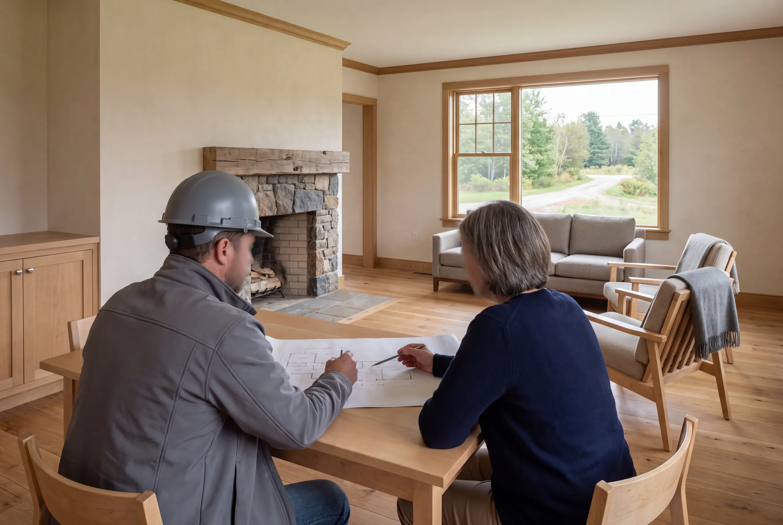 Two adults sit at a wooden table in a furnished living room, reviewing architectural drawings together.