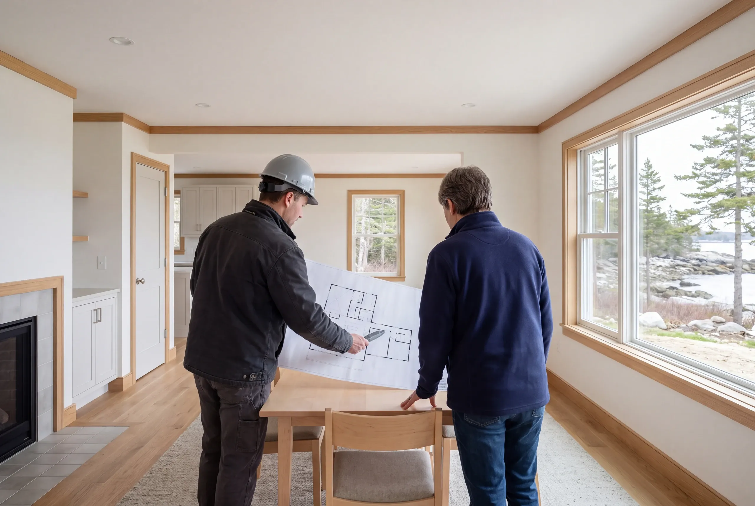 Two adults seen from behind review a large architectural floor plan spread across a wooden table inside a renovated room with oak trim and large windows.