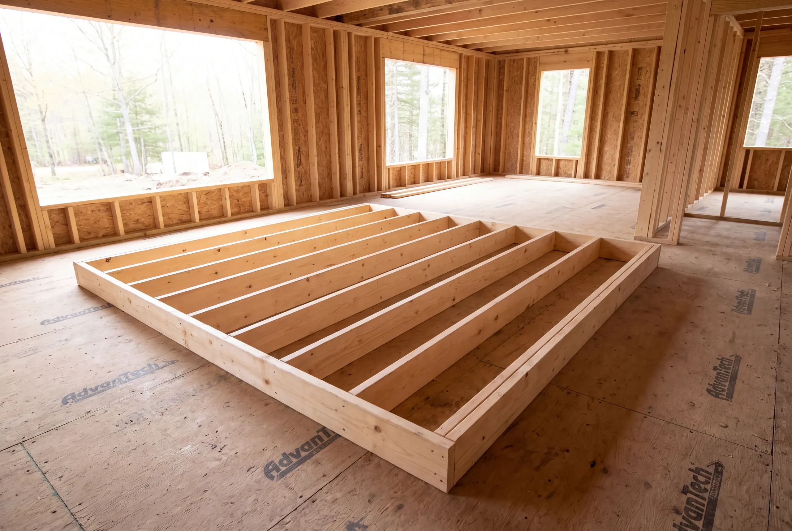 A wooden interior wall frame lies flat on a subfloor inside a home under construction.