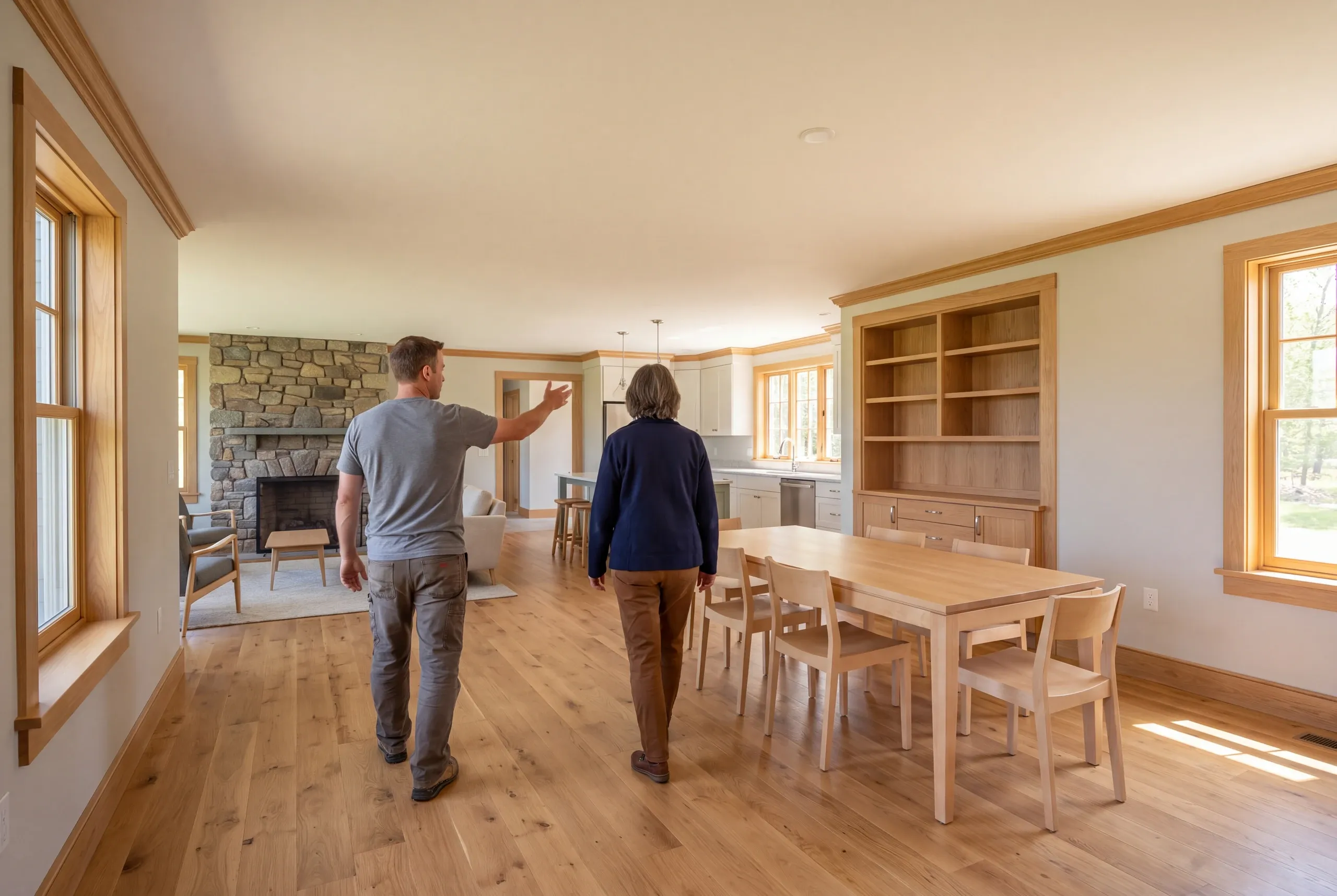 Two adults seen from behind walk through a freshly renovated interior with hardwood floors and oak trim.