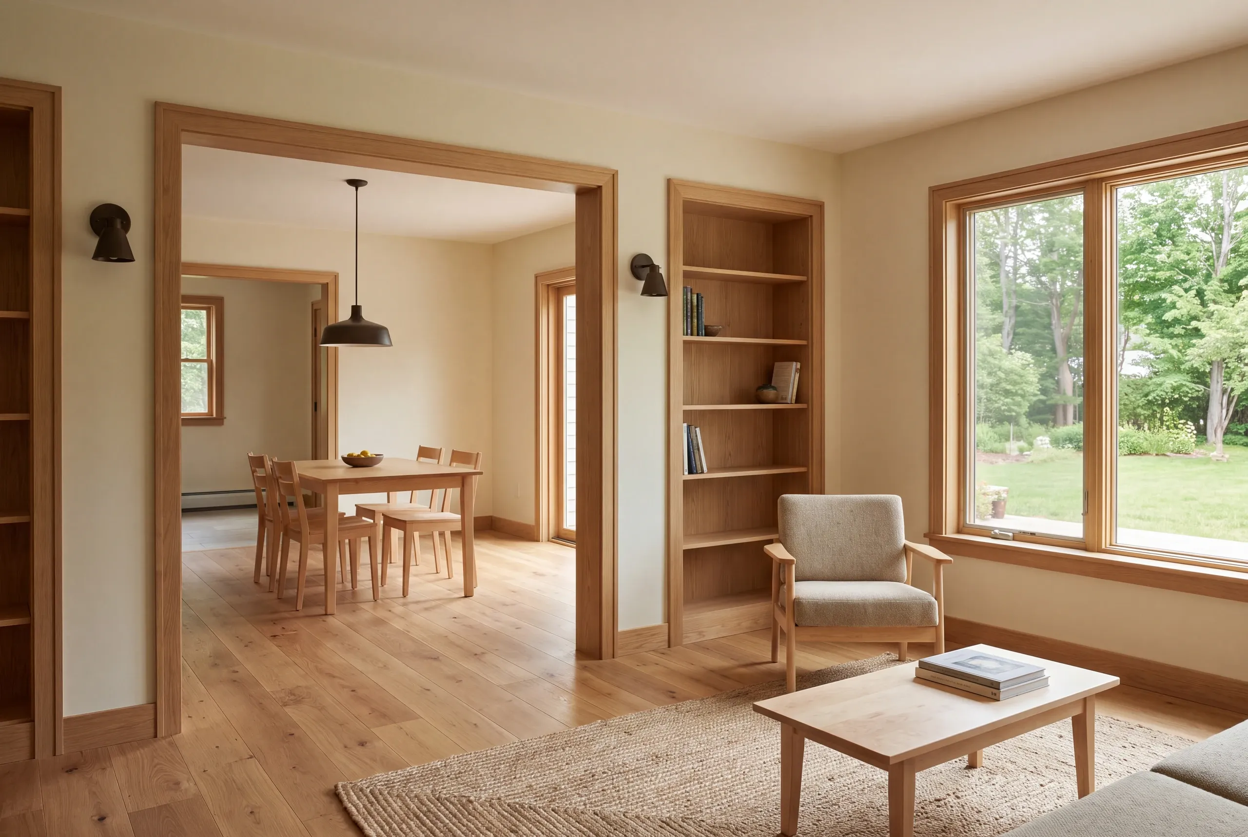 A bright finished living area with hardwood floors, a wooden armchair, and a view through a large doorway into an adjoining dining room.