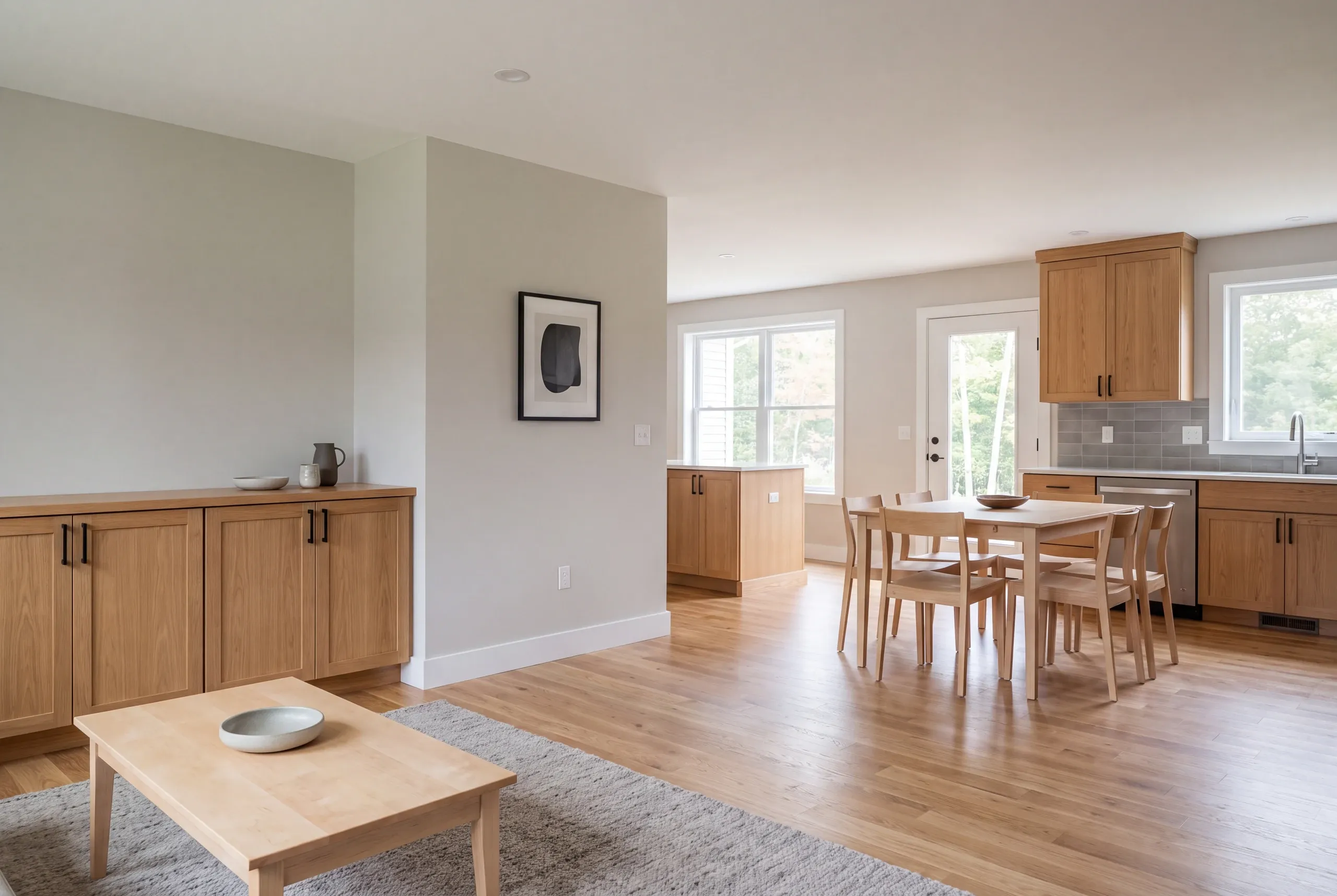 Interior view showing a finished open-concept living space connected to a dining area and kitchen with wooden cabinetry and hardwood floors.