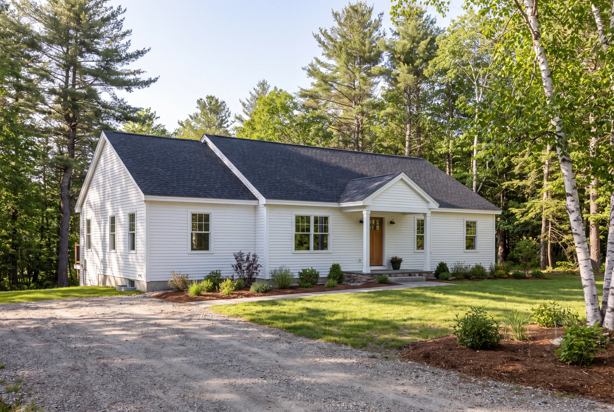 A white single-story house with a dark roof stands surrounded by trees and a dirt driveway.