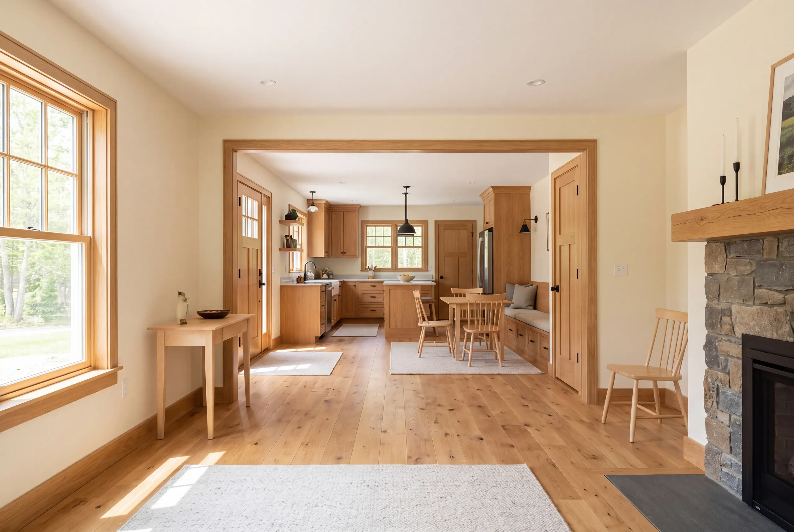 Interior view showing two connected rooms with wood flooring, trim, and cabinetry.