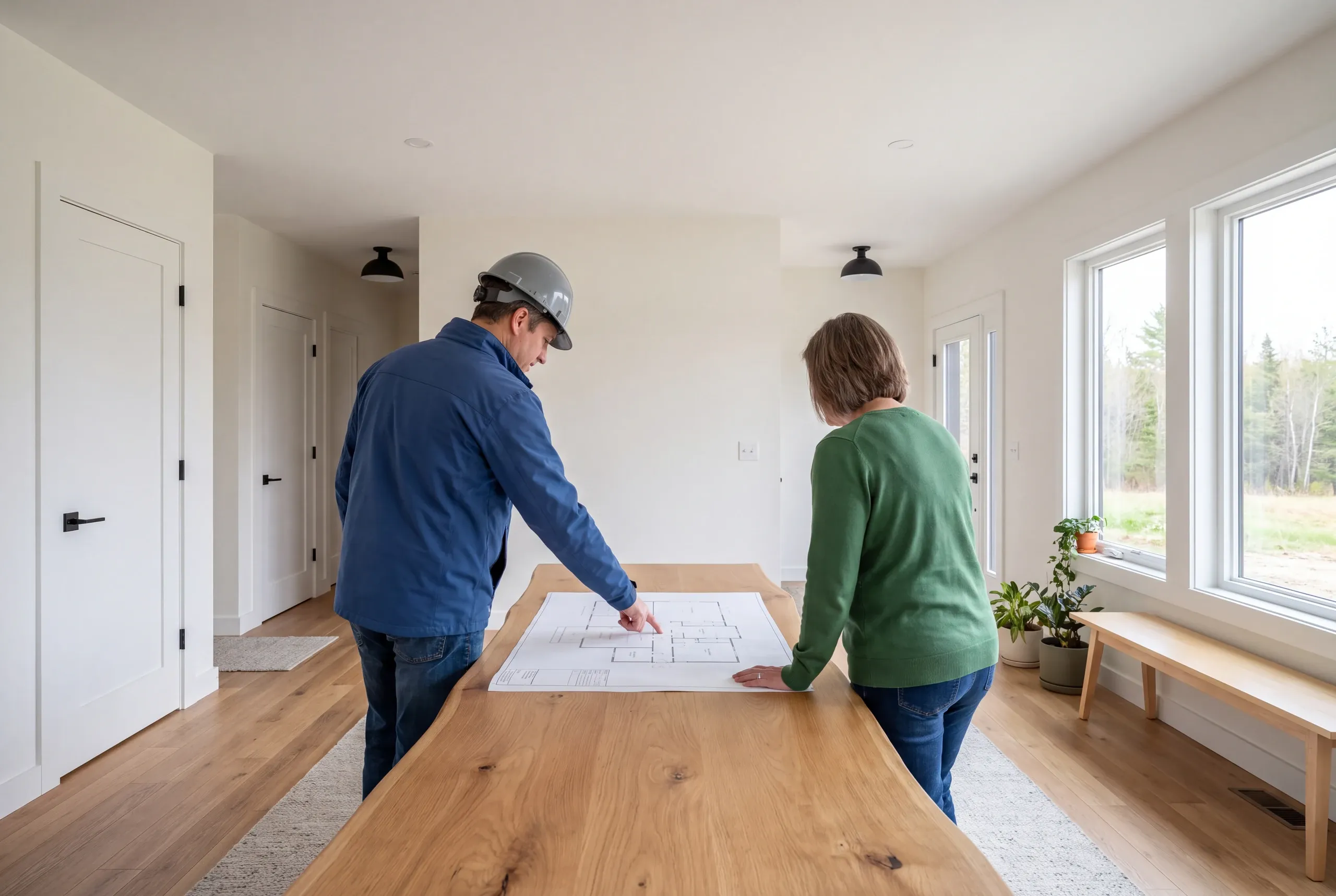 Two adults stand at a wooden dining table inside a room, looking at a floor plan spread across the surface.