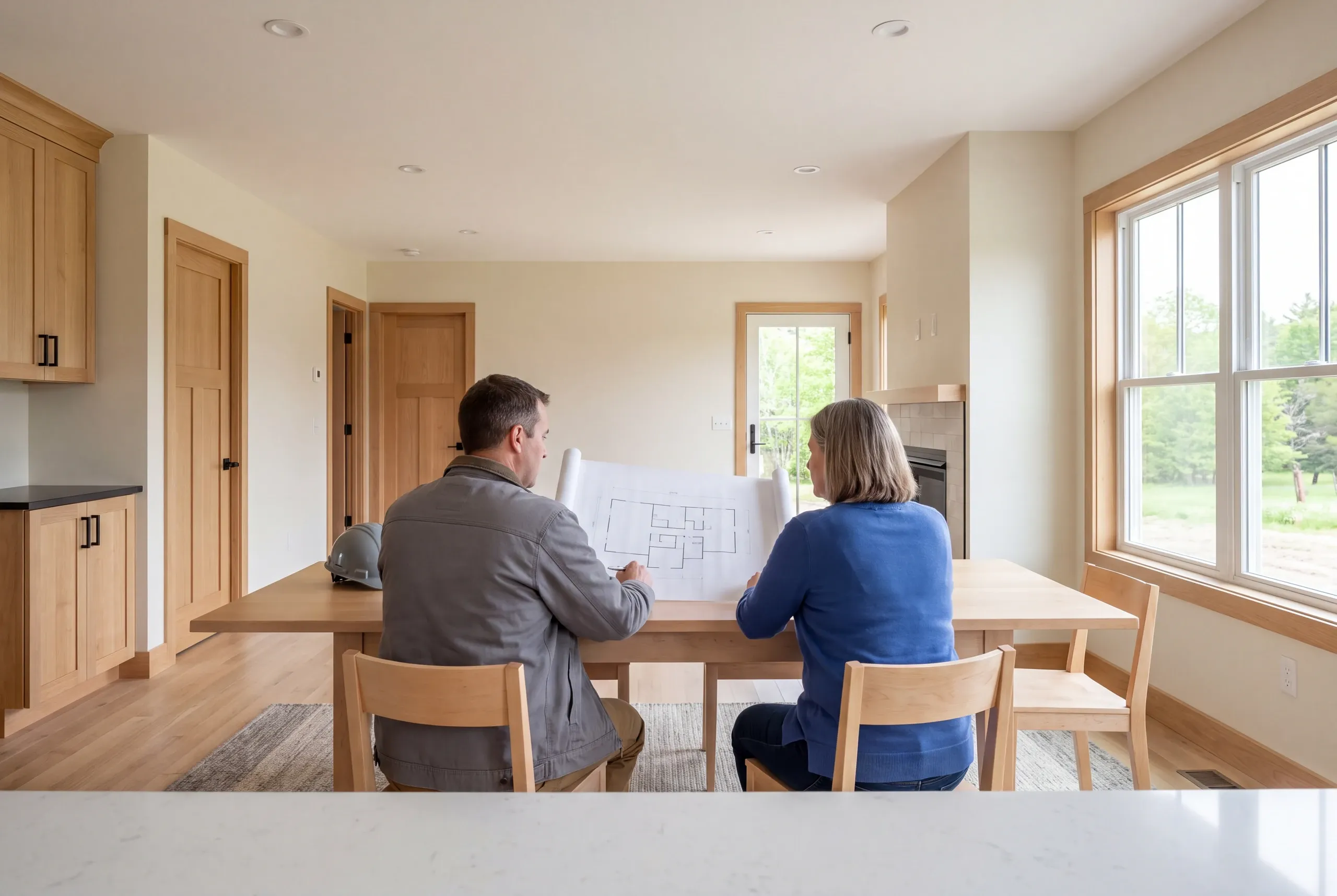 Two adults sit at a wooden dining table reviewing a large floor plan blueprint inside a bright room with light wood trim.