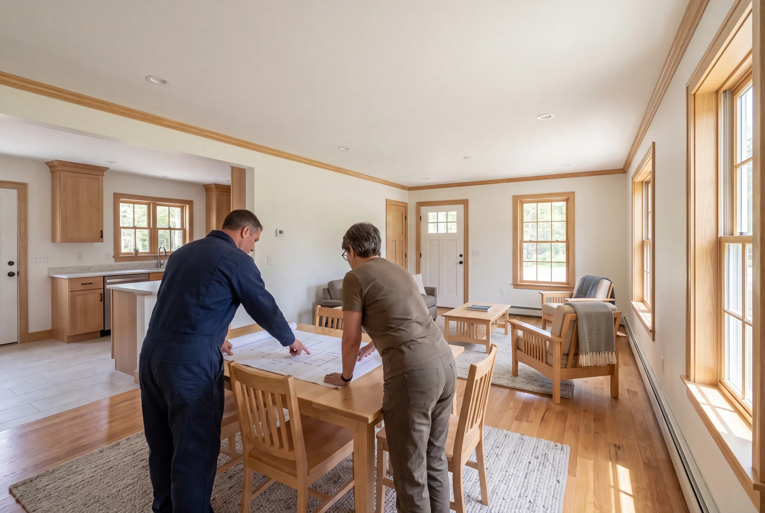 Two adults stand viewed from behind reviewing a floor plan on a wooden table inside a brightly lit renovated home with connected living space and kitchen.