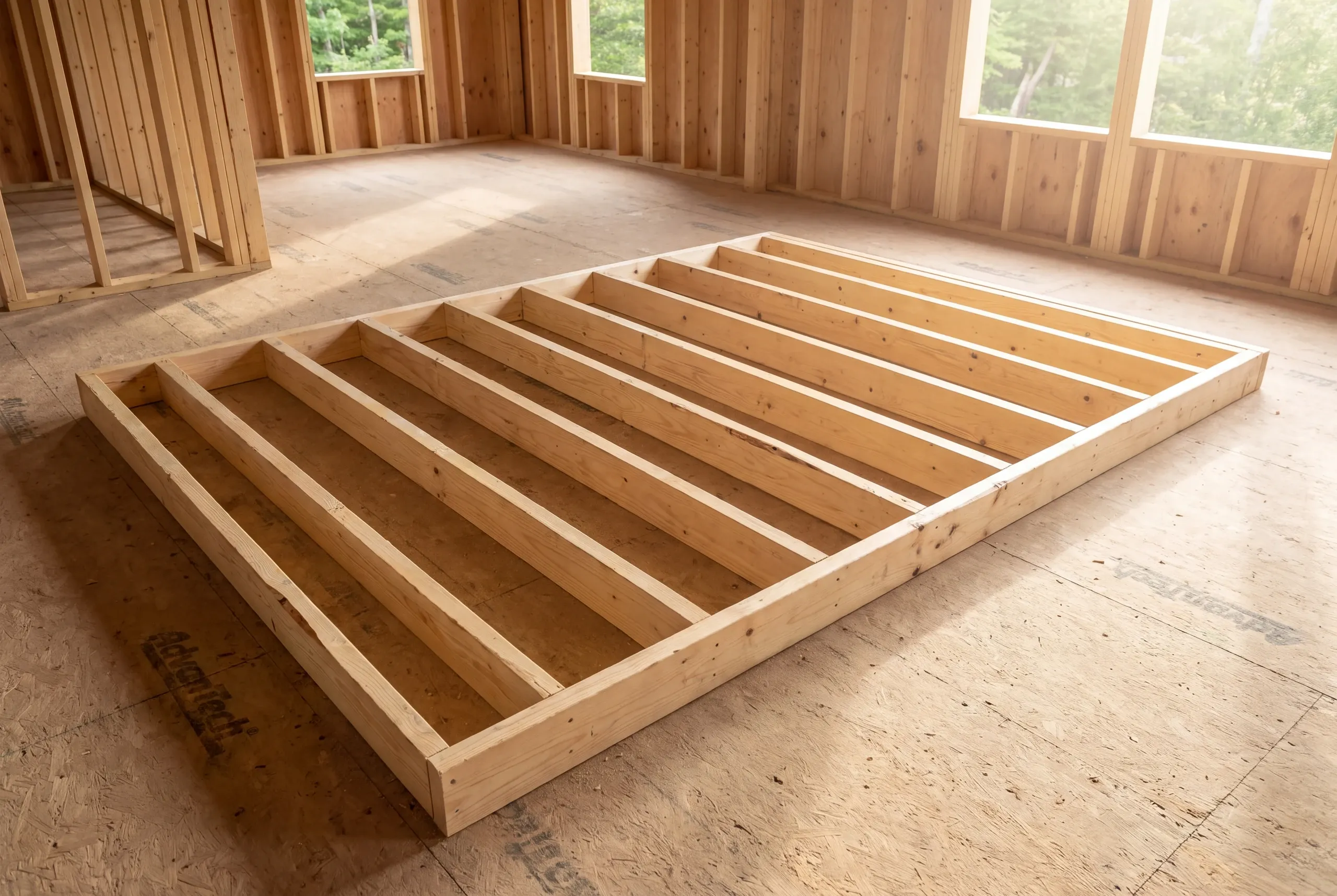 A wooden interior wall frame lies flat on a subfloor inside an unfinished framed building.