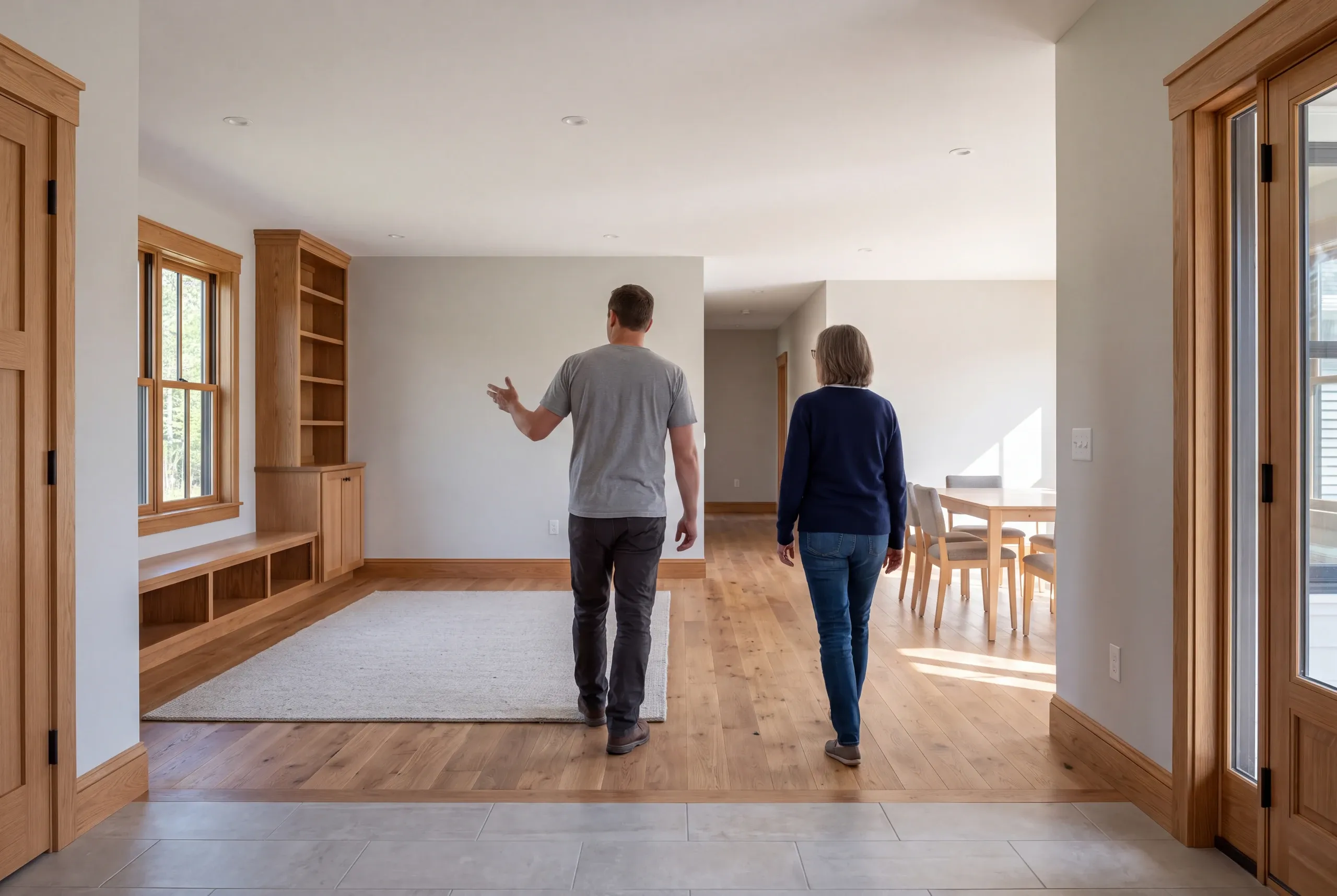 Two adults seen from behind walk through a freshly renovated room with wooden floors, built-in shelving, and connected living and dining spaces.