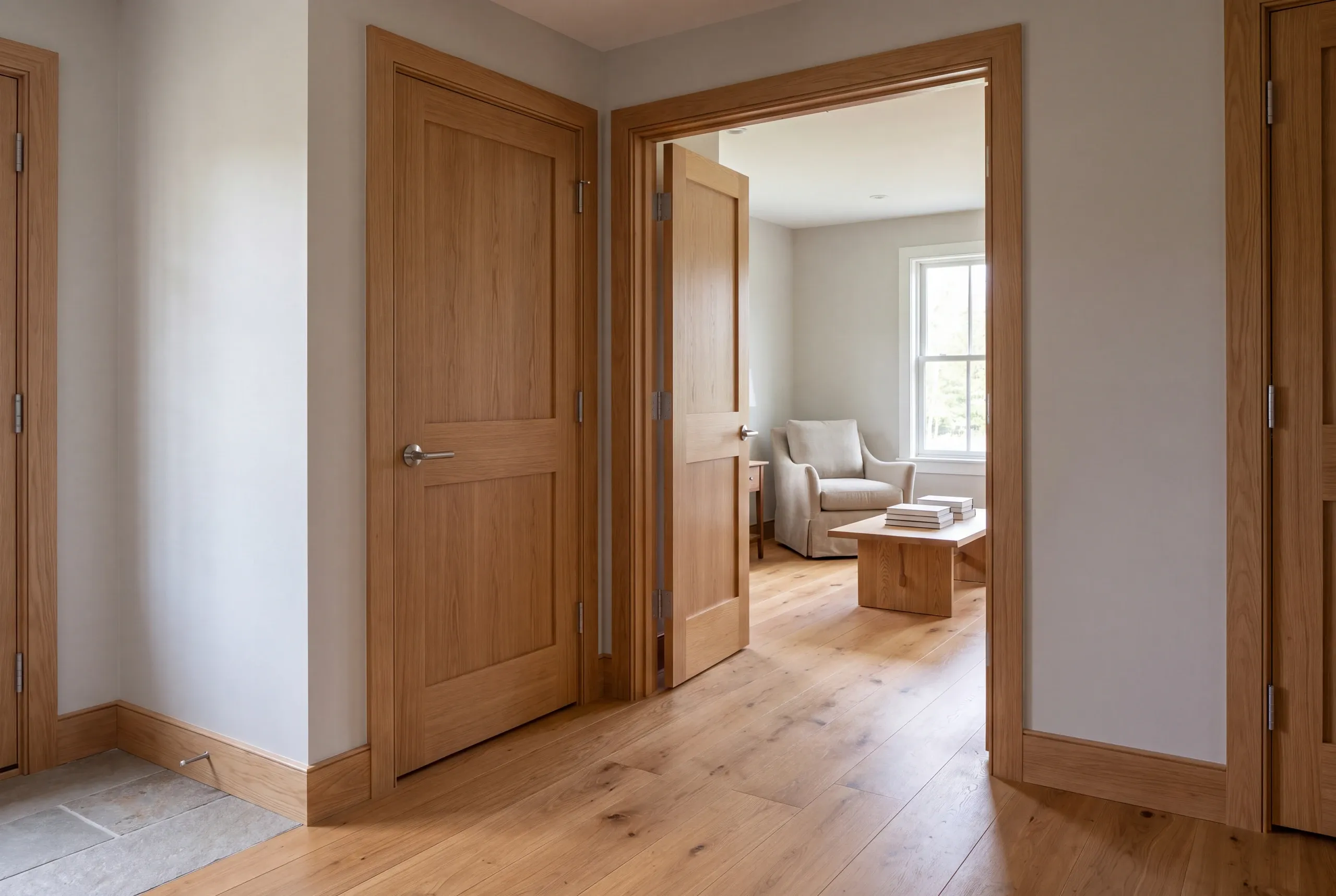 Interior view showing finished wooden doors, matching trim, and hardwood flooring in a hallway.