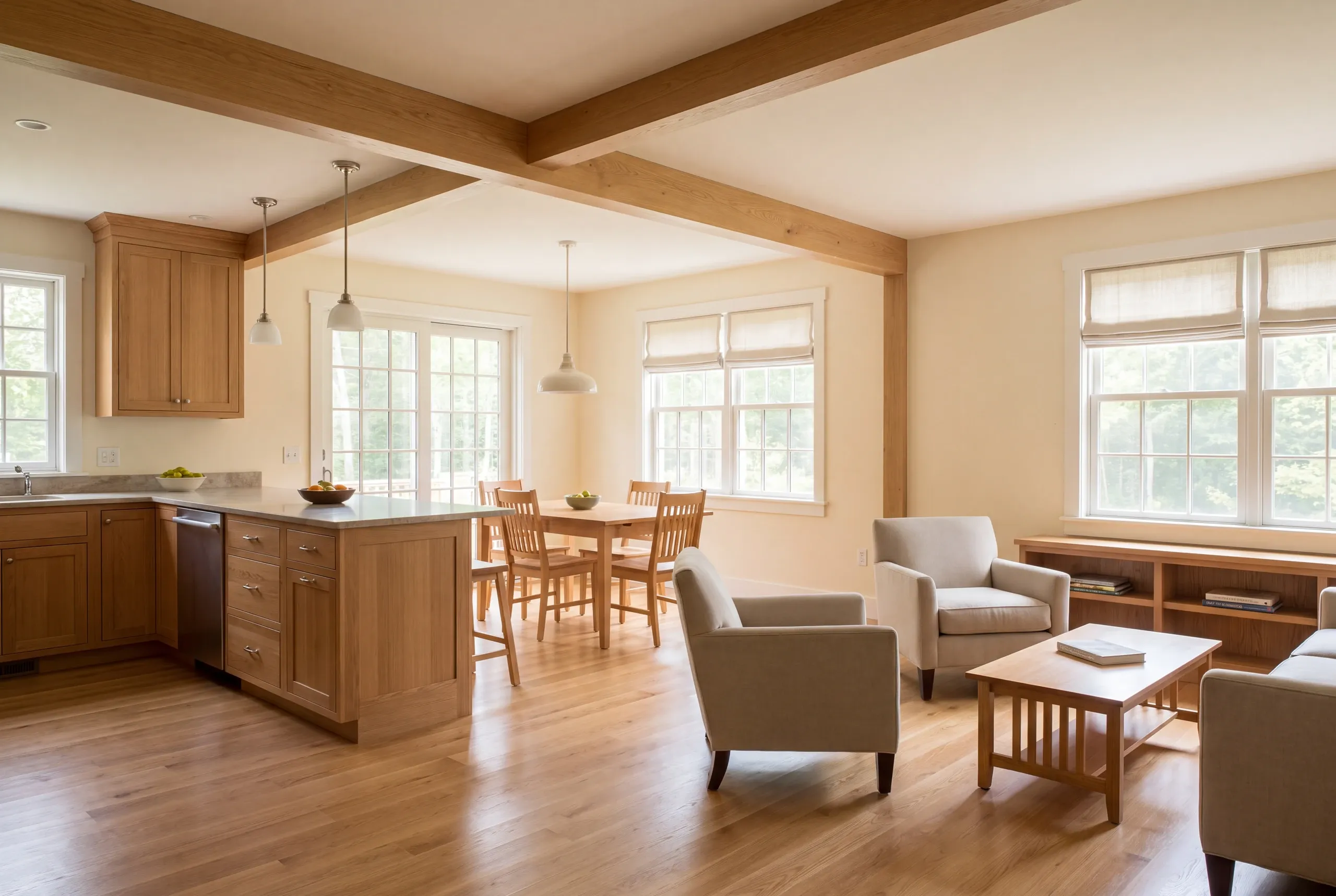 An open concept interior showing a kitchen, dining area, and living room with wooden beams and hardwood floors.