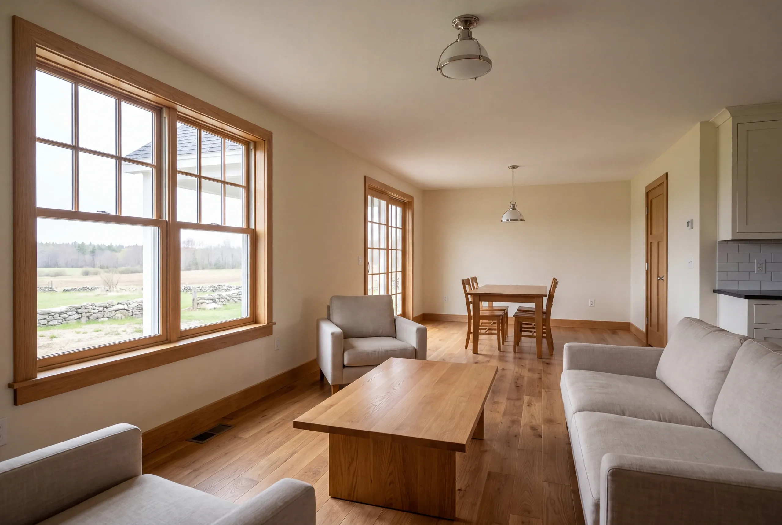 Interior view of two connected finished rooms with hardwood floors, a living area with a sofa and armchairs, and a dining area in the background.