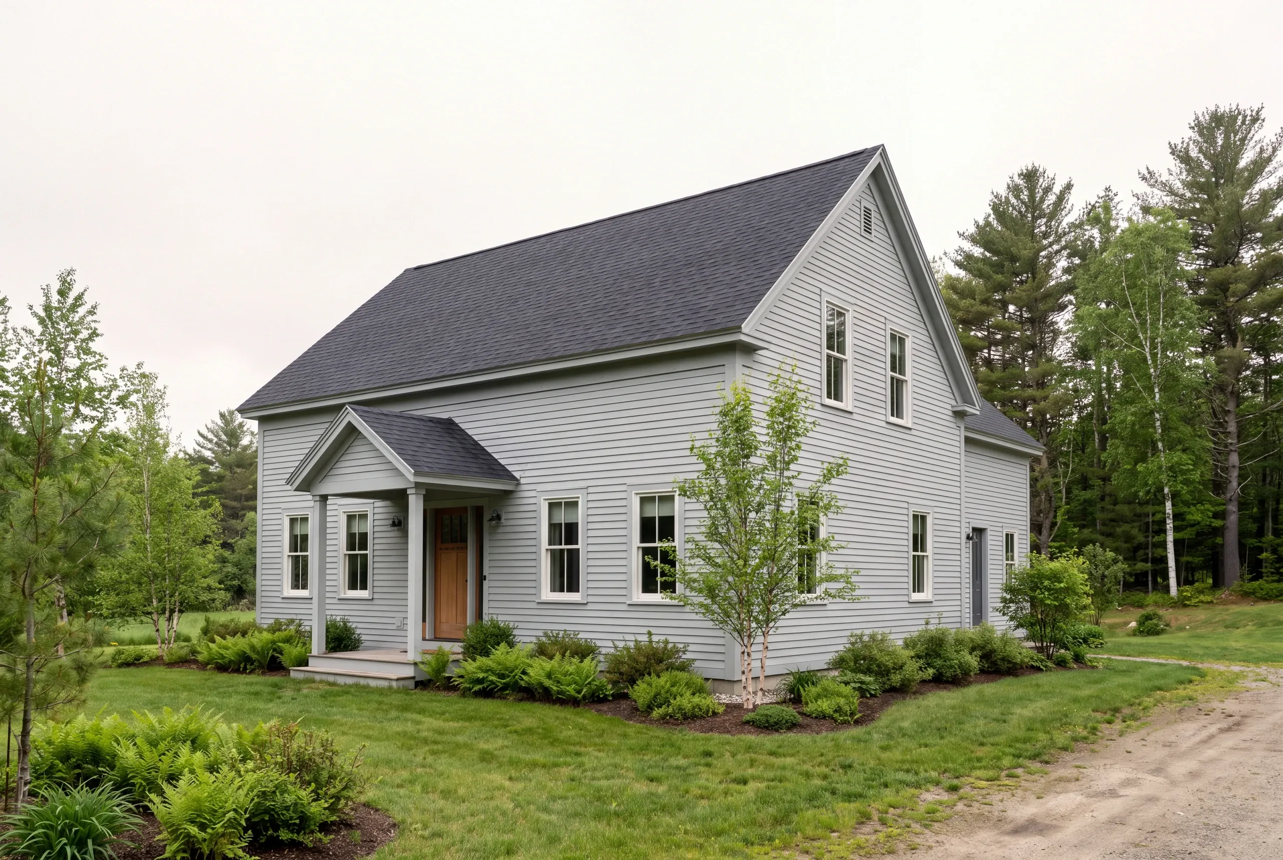 A freshly renovated two-story light gray house with dark shingle roof stands outdoors surrounded by green grass, trees, and landscaping.