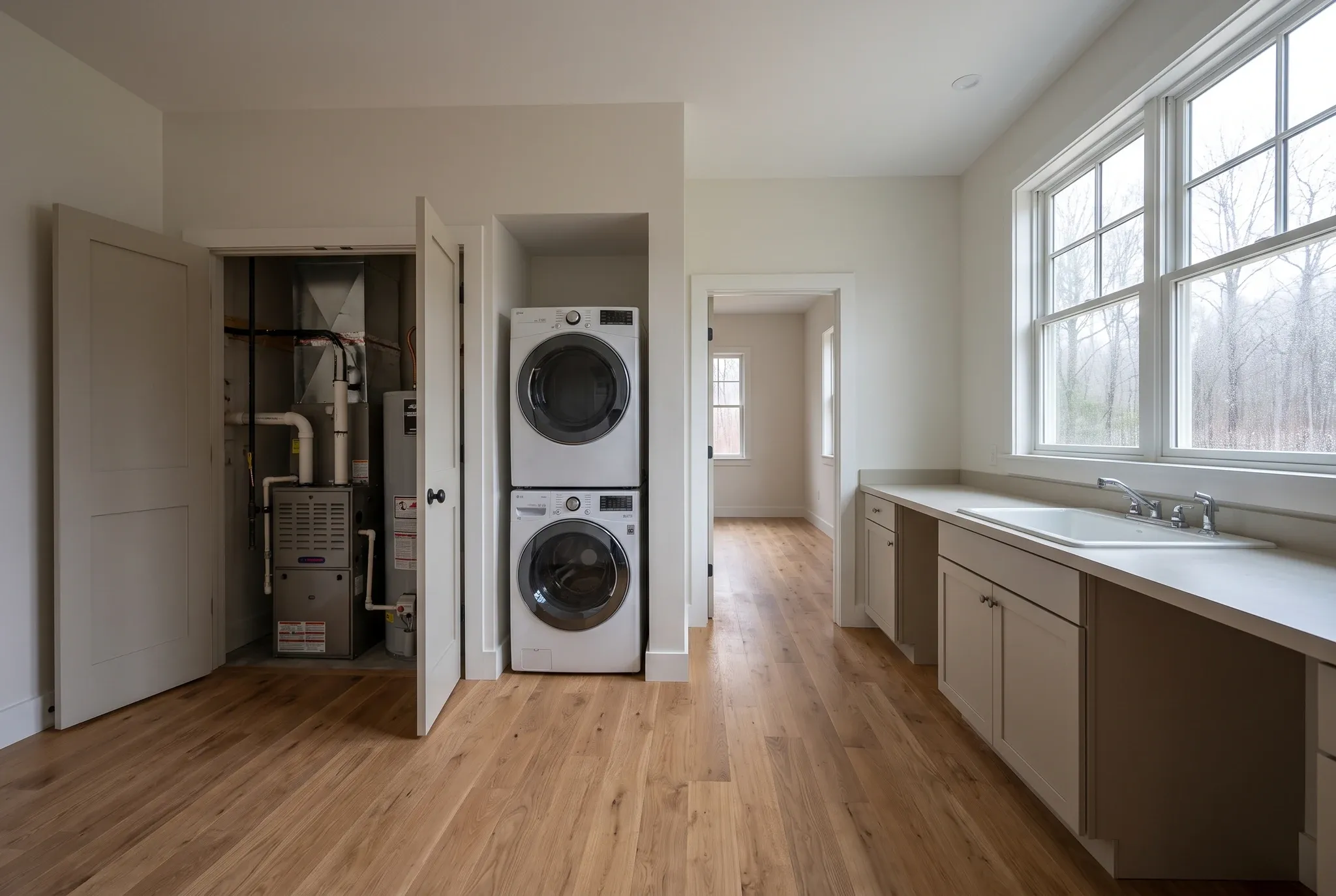 A finished utility room featuring hardwood floors, a stacked washer and dryer, an open utility closet with HVAC equipment, and a counter with a sink.