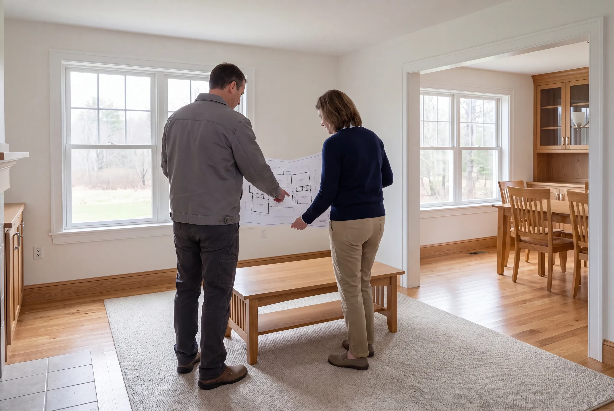 Two adults standing in a living room and reviewing a blueprint held between them.