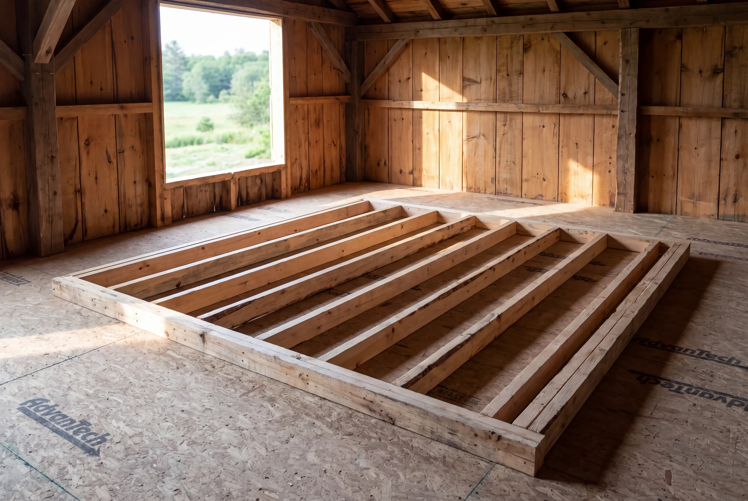 A wooden wall framing assembly lies flat on a subfloor inside a timber frame structure with vertical plank walls and a large window opening.