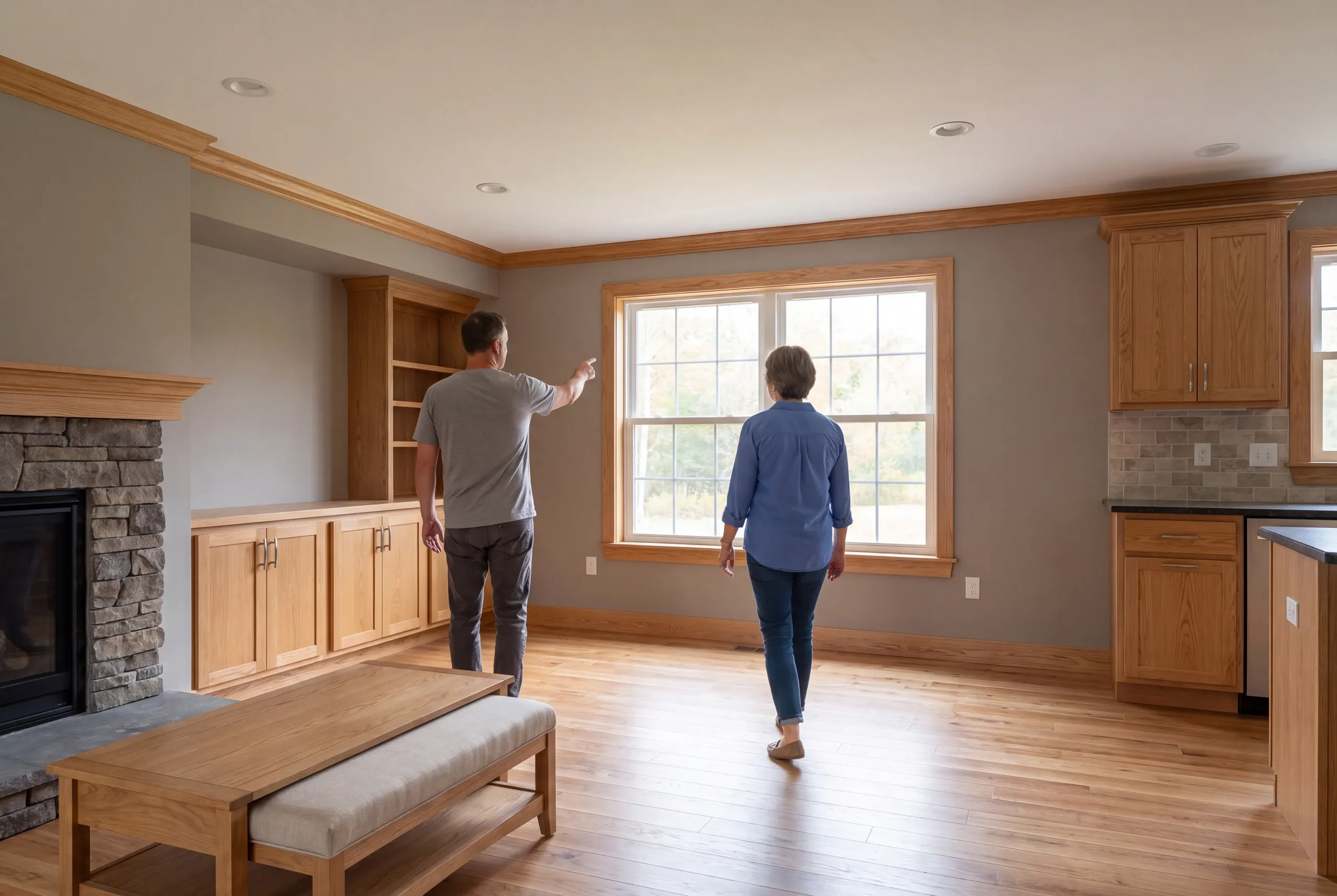 A man pointing and a woman walking inside a finished room with oak trim, wooden floors, built-in cabinetry, and a stone fireplace.